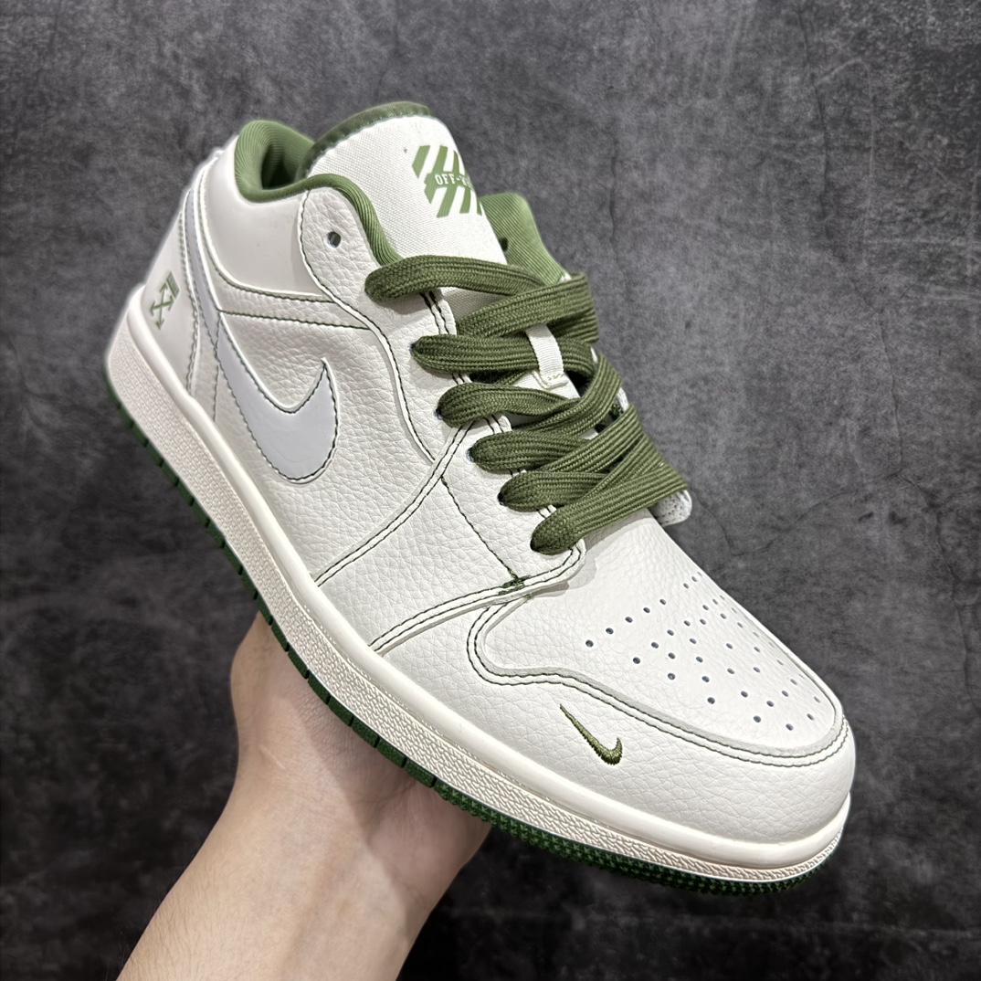 定制版AirJordan1LowAJ1乔1OFF-WHITE联名-米绿线条高端定制低帮复古篮球鞋CF36