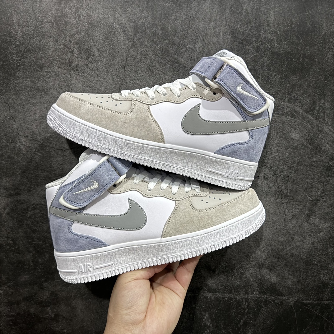 定制版NikeAirForce1Mid07麂皮灰白蓝原楦头原纸板打造纯正中帮空军版型专注外贸渠道全掌内置