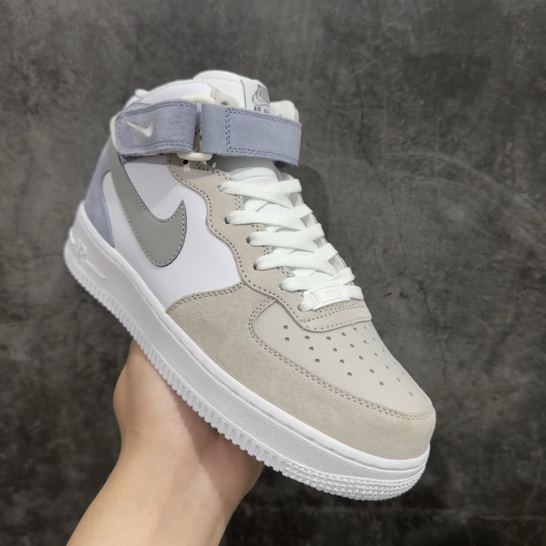 定制版NikeAirForce1Mid07麂皮灰白蓝原楦头原纸板打造纯正中帮空军版型专注外贸渠道全掌内置