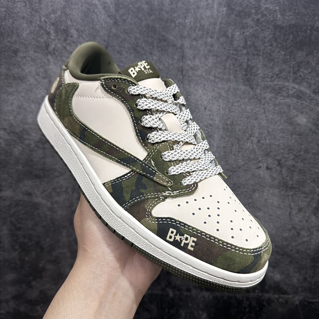 图片[3]-【定制版】Travis Scott x Fragment Design x Air Jordan 1 Low OG SP AJ1 乔1 Bape联名-军绿 低帮文化休闲板鞋 CH6336-014rn#多方联名合作融合了Travis Scott 独特的音乐风格，藤原浩个性的设计风格以及Jordan品牌的经典元素 使其成为一双具有独特身份和价值的鞋子 清新而立体的外观加上联名标识更突出了其独特身份 这种配色方案显示出活力和时尚感 在视觉上引人注目  鞋身的质感和细腻的细节处理使其显得高端而格调十足  这款“倒钩”联名是设计与创意完美结合  融合多方的个性风格是一款备受瞩目的潮流鞋款  低帮休闲板鞋 定制鞋盒 大厂纯原品质出货 超高清洁度 皮料切割干净无任何毛边 细节完美 r 尺码：36 36.5 37.5 38 38.5 39 40 40.5 41 42 42.5 43 44 44.5 45 编码：HXS320340-鞋库