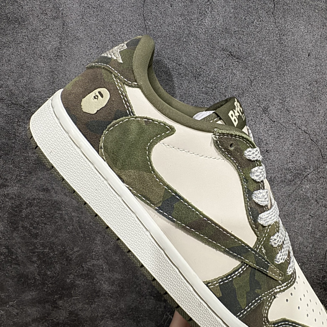 图片[7]-【定制版】Travis Scott x Fragment Design x Air Jordan 1 Low OG SP AJ1 乔1 Bape联名-军绿 低帮文化休闲板鞋 CH6336-014rn#多方联名合作融合了Travis Scott 独特的音乐风格，藤原浩个性的设计风格以及Jordan品牌的经典元素 使其成为一双具有独特身份和价值的鞋子 清新而立体的外观加上联名标识更突出了其独特身份 这种配色方案显示出活力和时尚感 在视觉上引人注目  鞋身的质感和细腻的细节处理使其显得高端而格调十足  这款“倒钩”联名是设计与创意完美结合  融合多方的个性风格是一款备受瞩目的潮流鞋款  低帮休闲板鞋 定制鞋盒 大厂纯原品质出货 超高清洁度 皮料切割干净无任何毛边 细节完美 r 尺码：36 36.5 37.5 38 38.5 39 40 40.5 41 42 42.5 43 44 44.5 45 编码：HXS320340-鞋库