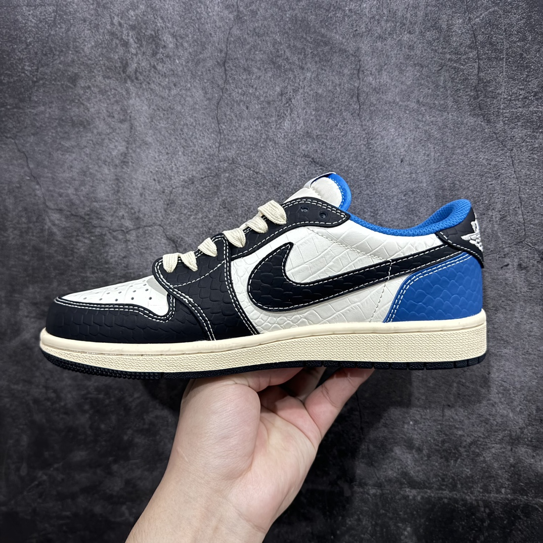 定制版 Travis Scott x Fragment Design x Air Jordan 1 Low OG SP AJ1 乔1 Bape联名-鳄鱼皮黑白蓝 低帮文化休闲板鞋  XZ2828-001