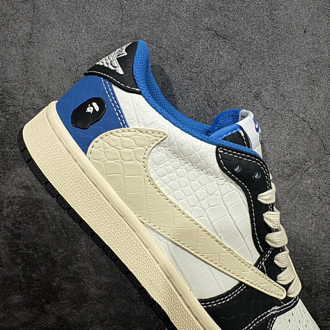 定制版 Travis Scott x Fragment Design x Air Jordan 1 Low OG SP AJ1 乔1 Bape联名-鳄鱼皮黑白蓝 低帮文化休闲板鞋  XZ2828-001