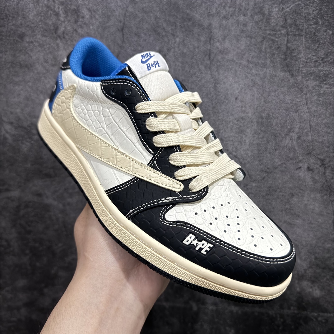 定制版 Travis Scott x Fragment Design x Air Jordan 1 Low OG SP AJ1 乔1 Bape联名-鳄鱼皮黑白蓝 低帮文化休闲板鞋  XZ2828-001