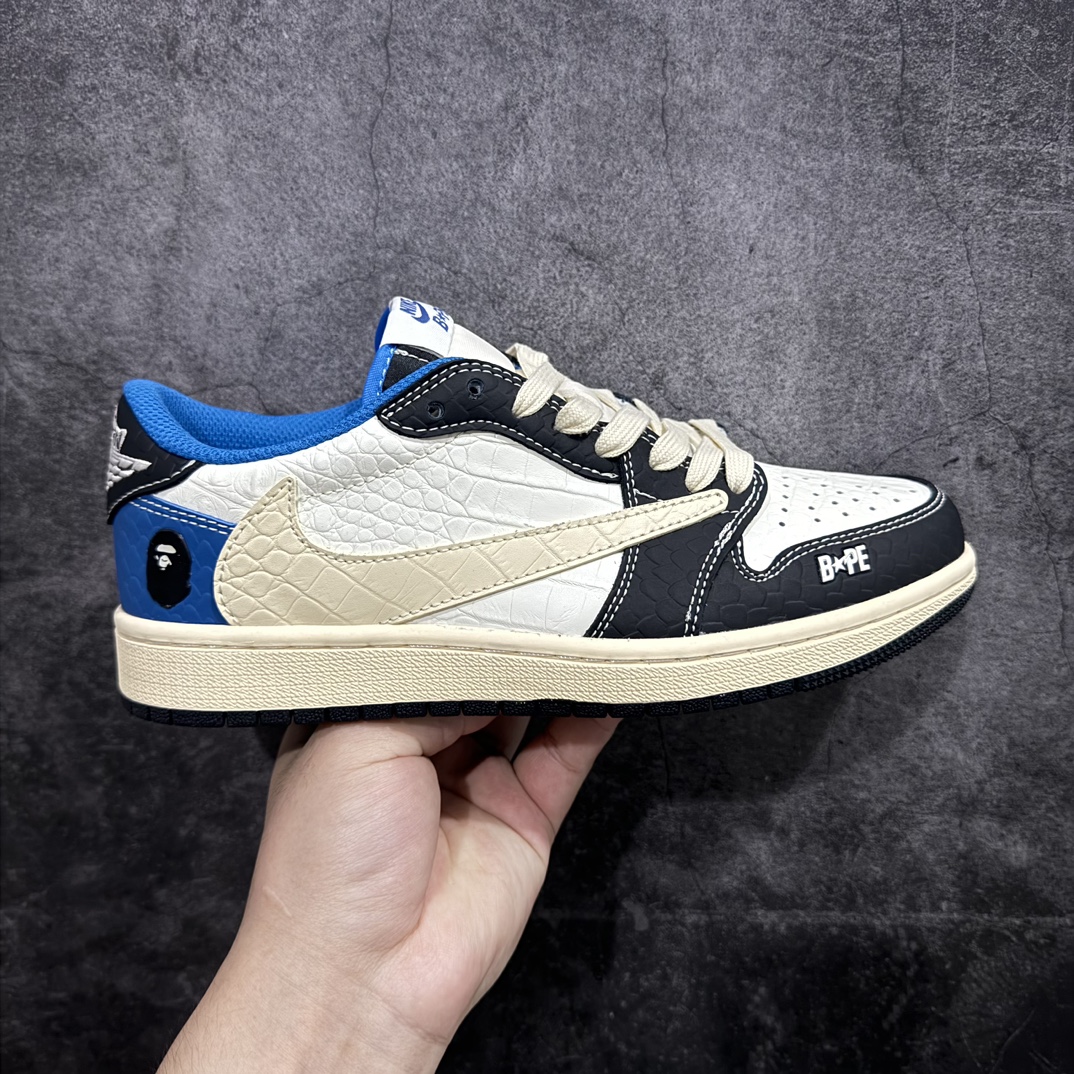 定制版 Travis Scott x Fragment Design x Air Jordan 1 Low OG SP AJ1 乔1 Bape联名-鳄鱼皮黑白蓝 低帮文化休闲板鞋  XZ2828-001