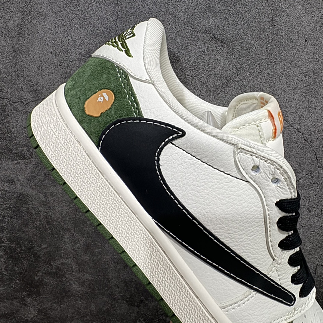 图片[7]-【定制版】Travis Scott x Fragment Design x Air Jordan 1 Low OG SP AJ1 乔1 Bape联名-丛林绿 低帮文化休闲板鞋 XY2688-107rn#多方联名合作融合了Travis Scott 独特的音乐风格，藤原浩个性的设计风格以及Jordan品牌的经典元素 使其成为一双具有独特身份和价值的鞋子 清新而立体的外观加上联名标识更突出了其独特身份 这种配色方案显示出活力和时尚感 在视觉上引人注目  鞋身的质感和细腻的细节处理使其显得高端而格调十足  这款“倒钩”联名是设计与创意完美结合  融合多方的个性风格是一款备受瞩目的潮流鞋款  低帮休闲板鞋 定制鞋盒 大厂纯原品质出货 超高清洁度 皮料切割干净无任何毛边 细节完美 r 尺码：36 36.5 37.5 38 38.5 39 40 40.5 41 42 42.5 43 44 44.5 45  编码：HXS320340-鞋库