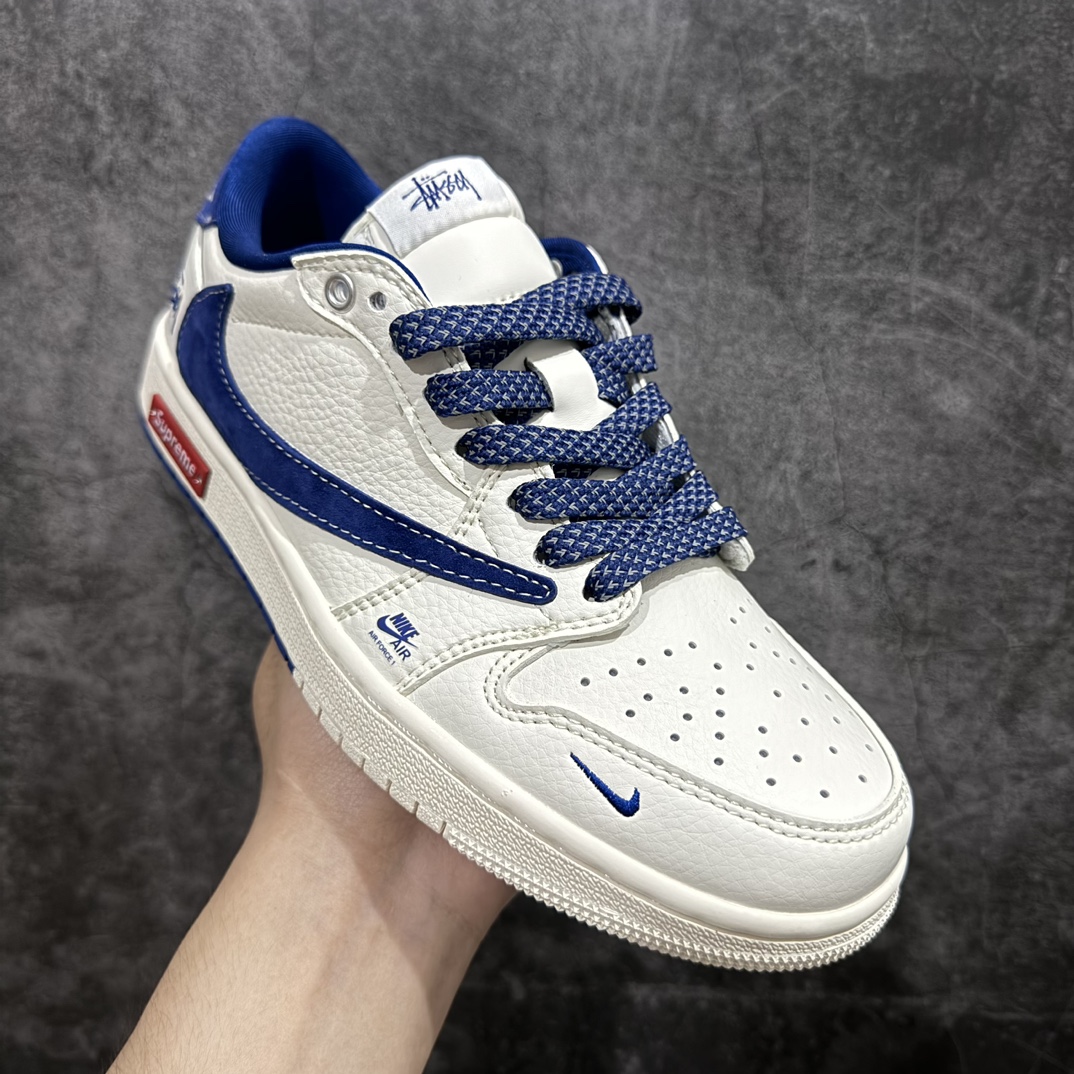 图片[3]-【定制版】Fragment x Travis Scott x Supreme x 斯图西nAir Jordan 1 Low 三方联名倒钩n性价比原盒出货 全新的三方联名低帮倒钩鞋面延续了黑脚趾设计，整双鞋以全荔枝皮打造，腰身搭配白色「倒勾」，再点缀上Travis Scott 标志性的Logo，后跟处以藤原浩最拿手的蓝色为主色调，完善极具Fragment Design的白蓝黑设计风格，左右脚分别以Travis Scott鬼脸和乔丹飞翼加以修饰，彰显出三方联名的奢华格调。 官方货号：SJ2068 127 Size：36 36.5 37.5 38 38.5 39 40 40.5 41 42 42.5 43 44 44.5 45   编码：HXS320340-鞋库