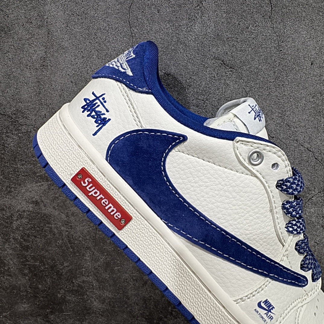 图片[7]-【定制版】Fragment x Travis Scott x Supreme x 斯图西nAir Jordan 1 Low 三方联名倒钩n性价比原盒出货 全新的三方联名低帮倒钩鞋面延续了黑脚趾设计，整双鞋以全荔枝皮打造，腰身搭配白色「倒勾」，再点缀上Travis Scott 标志性的Logo，后跟处以藤原浩最拿手的蓝色为主色调，完善极具Fragment Design的白蓝黑设计风格，左右脚分别以Travis Scott鬼脸和乔丹飞翼加以修饰，彰显出三方联名的奢华格调。 官方货号：SJ2068 127 Size：36 36.5 37.5 38 38.5 39 40 40.5 41 42 42.5 43 44 44.5 45   编码：HXS320340-鞋库