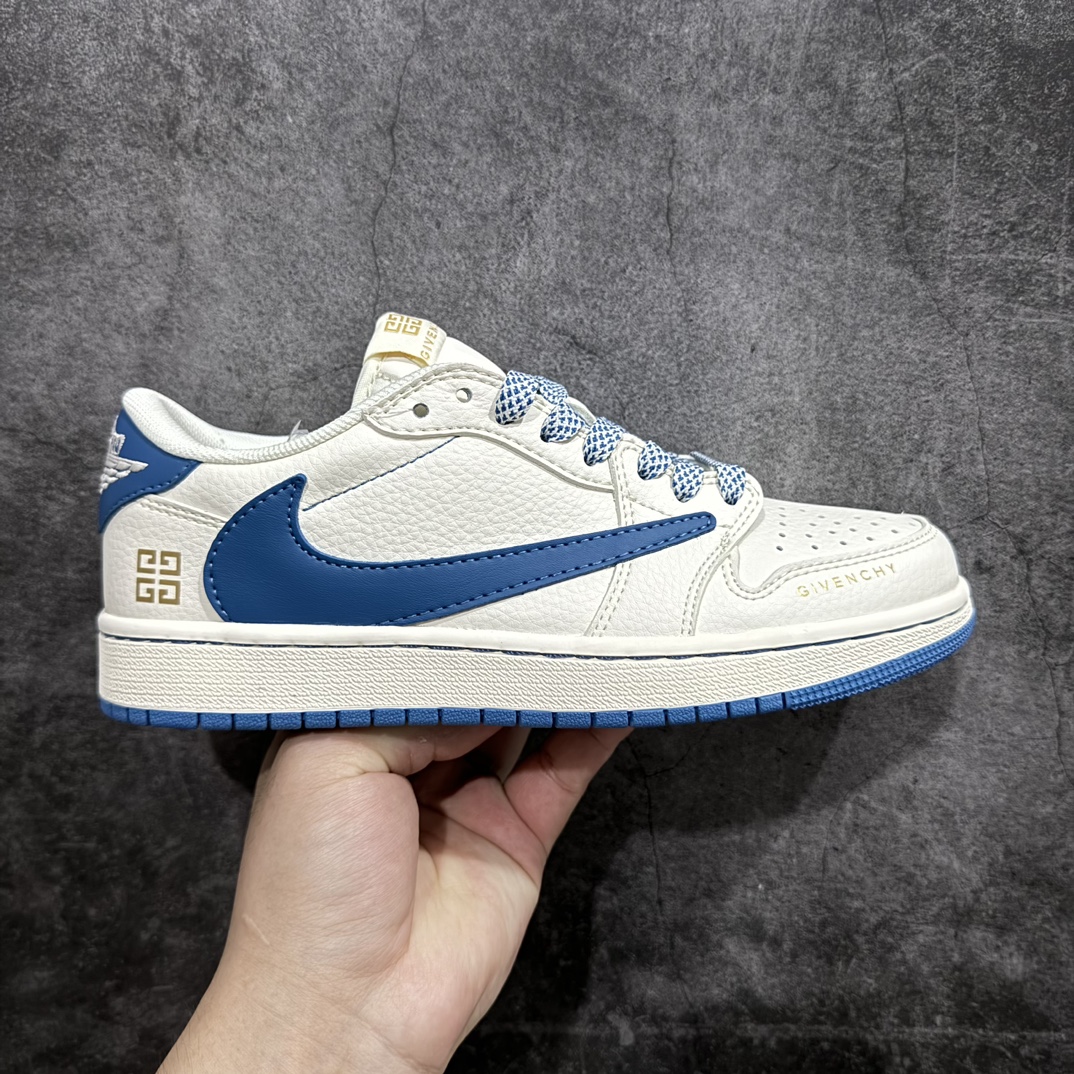 【定制版】Travis Scott x Fragment Design x Air Jordan 1 Low OG SP AJ1 乔1 纪梵希联名-蓝采和 低帮文化休闲板鞋rn#多方联名合作融合了Travis Scott 独特的音乐风格，藤原浩个性的设计风格以及Jordan品牌的经典元素 使其成为一双具有独特身份和价值的鞋子 清新而立体的外观加上联名标识更突出了其独特身份 这种配色方案显示出活力和时尚感 在视觉上引人注目  鞋身的质感和细腻的细节处理使其显得高端而格调十足  这款“倒钩”联名是设计与创意完美结合  融合多方的个性风格是一款备受瞩目的潮流鞋款r 货号：CF3688-025 尺码：36 36.5 37.5 38 38.5 39 40 40.5 41 42 42.5 43 44 44.5 45  编码：HXS320340-鞋库