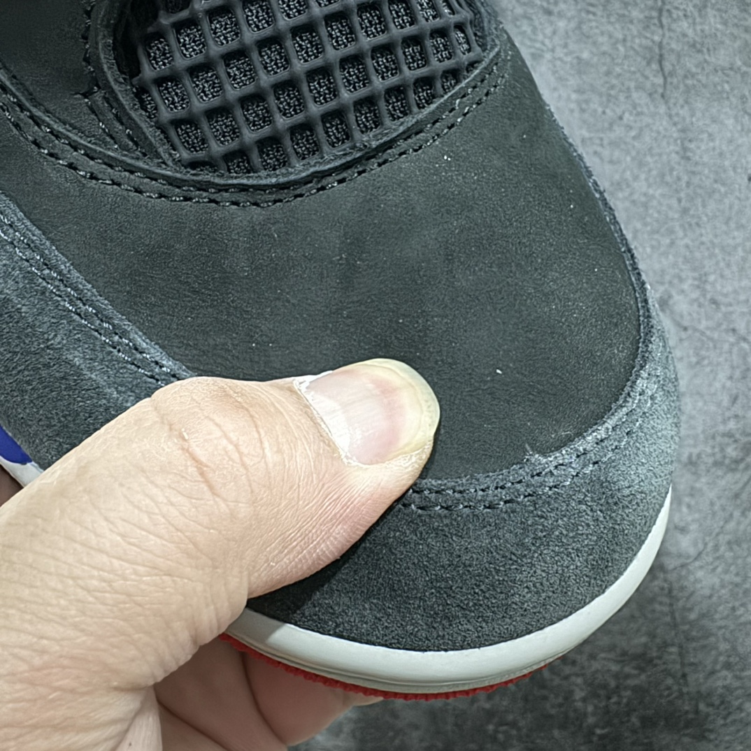 图片[6]-【GX/美版绿x】 Air Jordan 4 Retro \”Lase\” AJ4 乔4黑灰蓝配色 FV5029-003n 全套原纸板楦头开发 原厂特供皮料加持 确保原汁原味 完美呈现四代版型 一比一鞋头弧度高度鞋身弧度 数据细节工艺流程均保持原鞋一致 原厂TPU网格鞋带扣 正确内里网布 菱角分明不变形无多余毛边 柔软性质感一致于原鞋 市场唯一原厂鞋扣模具 背面可见隐藏注塑口 原厂织唛标 原厂飞人电绣工艺 尾指中部跳三针 独家绑鞋带手法 印刷中底布 四线拉帮 米色美纹纸贴合固定 进口港宝加持 后跟自然饱满 全鞋荧光划线卡点 追求极致完美 每一双都是工艺品 多重QC质检 超越公司货的品控标准 实实在在的免检产品 rn采用经典的黑色、蓝色和中性灰色为配色方案，以白色皮革鞋面，鞋头采用中性灰色覆面，鞋眼、中底、鞋跟片和鞋舌上的Jumpman标志均采用军蓝色撞色设计，最后以黑色、蓝色和灰色橡胶外底，鞋跟搭配白色“Nike Air”Logo完善设计。r 尺码：40 40.5 41 42 42.5 43 44 44.5 45 46 47.5 48.5 49 50.5 编码：X10510530-莆田鞋批发中心