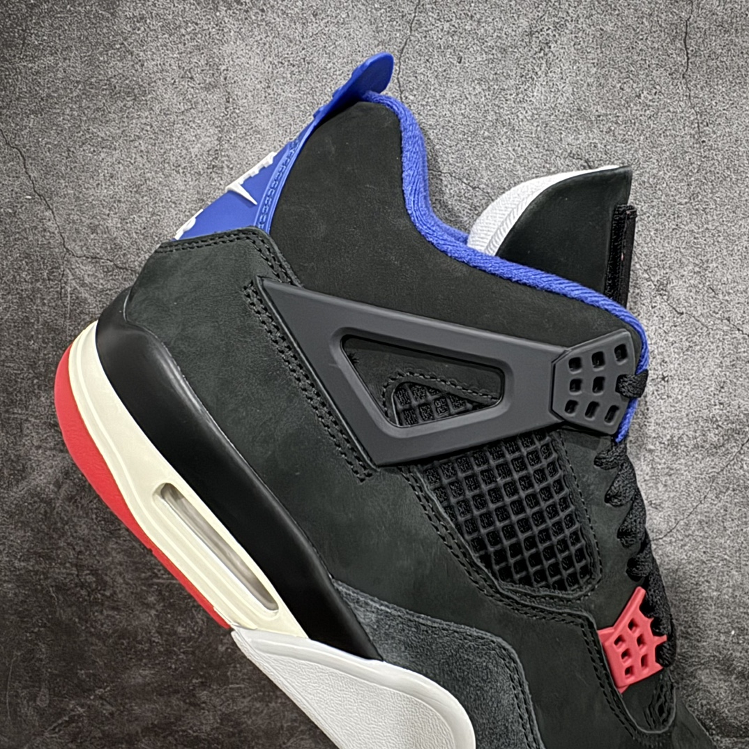 图片[7]-【GX/美版绿x】 Air Jordan 4 Retro \”Lase\” AJ4 乔4黑灰蓝配色 FV5029-003n 全套原纸板楦头开发 原厂特供皮料加持 确保原汁原味 完美呈现四代版型 一比一鞋头弧度高度鞋身弧度 数据细节工艺流程均保持原鞋一致 原厂TPU网格鞋带扣 正确内里网布 菱角分明不变形无多余毛边 柔软性质感一致于原鞋 市场唯一原厂鞋扣模具 背面可见隐藏注塑口 原厂织唛标 原厂飞人电绣工艺 尾指中部跳三针 独家绑鞋带手法 印刷中底布 四线拉帮 米色美纹纸贴合固定 进口港宝加持 后跟自然饱满 全鞋荧光划线卡点 追求极致完美 每一双都是工艺品 多重QC质检 超越公司货的品控标准 实实在在的免检产品 rn采用经典的黑色、蓝色和中性灰色为配色方案，以白色皮革鞋面，鞋头采用中性灰色覆面，鞋眼、中底、鞋跟片和鞋舌上的Jumpman标志均采用军蓝色撞色设计，最后以黑色、蓝色和灰色橡胶外底，鞋跟搭配白色“Nike Air”Logo完善设计。r 尺码：40 40.5 41 42 42.5 43 44 44.5 45 46 47.5 48.5 49 50.5 编码：X10510530-莆田鞋批发中心