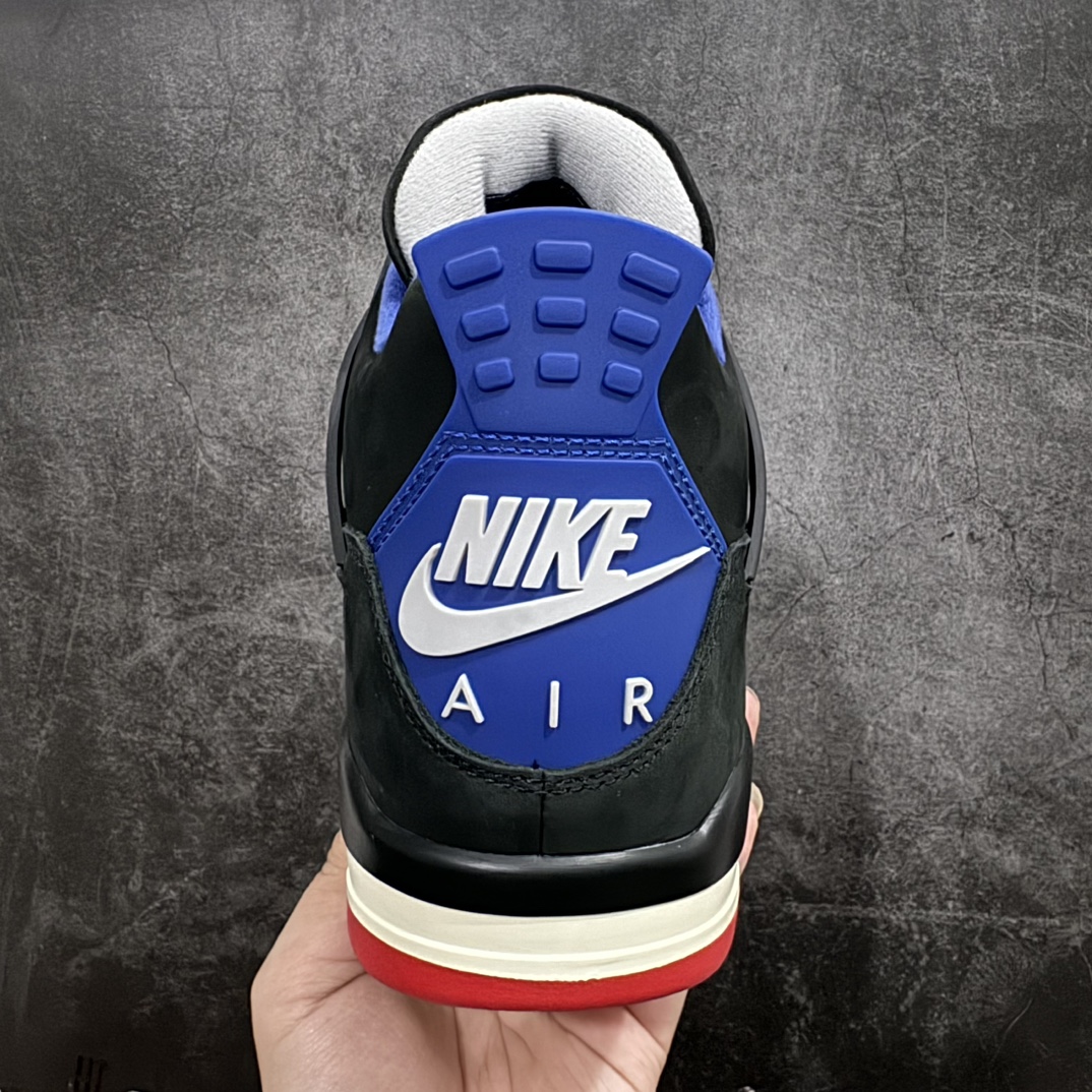 图片[4]-【GX/美版绿x】 Air Jordan 4 Retro \”Lase\” AJ4 乔4黑灰蓝配色 FV5029-003n 全套原纸板楦头开发 原厂特供皮料加持 确保原汁原味 完美呈现四代版型 一比一鞋头弧度高度鞋身弧度 数据细节工艺流程均保持原鞋一致 原厂TPU网格鞋带扣 正确内里网布 菱角分明不变形无多余毛边 柔软性质感一致于原鞋 市场唯一原厂鞋扣模具 背面可见隐藏注塑口 原厂织唛标 原厂飞人电绣工艺 尾指中部跳三针 独家绑鞋带手法 印刷中底布 四线拉帮 米色美纹纸贴合固定 进口港宝加持 后跟自然饱满 全鞋荧光划线卡点 追求极致完美 每一双都是工艺品 多重QC质检 超越公司货的品控标准 实实在在的免检产品 rn采用经典的黑色、蓝色和中性灰色为配色方案，以白色皮革鞋面，鞋头采用中性灰色覆面，鞋眼、中底、鞋跟片和鞋舌上的Jumpman标志均采用军蓝色撞色设计，最后以黑色、蓝色和灰色橡胶外底，鞋跟搭配白色“Nike Air”Logo完善设计。r 尺码：40 40.5 41 42 42.5 43 44 44.5 45 46 47.5 48.5 49 50.5 编码：X10510530-莆田鞋批发中心