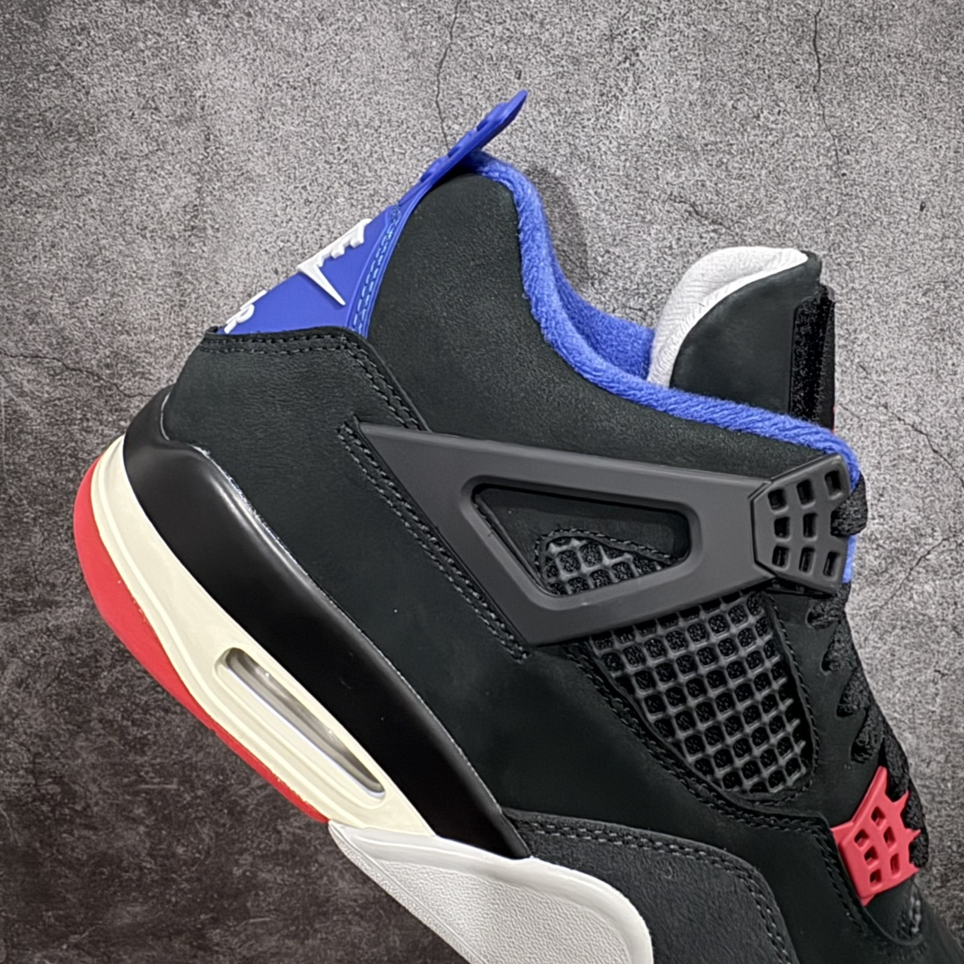 图片[7]-【PK纯原】 Air Jordan 4 Retro \”Lase\” AJ4 乔4黑灰蓝配色 FV5029-003n 全套原纸板楦头开发 原厂特供皮料加持 确保原汁原味 完美呈现四代版型 一比一鞋头弧度高度鞋身弧度 数据细节工艺流程均保持原鞋一致 原厂TPU网格鞋带扣 正确内里网布 菱角分明不变形无多余毛边 柔软性质感一致于原鞋 市场唯一原厂鞋扣模具 背面可见隐藏注塑口 原厂织唛标 原厂飞人电绣工艺 尾指中部跳三针 独家绑鞋带手法 印刷中底布 四线拉帮 米色美纹纸贴合固定 进口港宝加持 后跟自然饱满 全鞋荧光划线卡点 追求极致完美 每一双都是工艺品 多重QC质检 超越公司货的品控标准 实实在在的免检产品 rn采用经典的黑色、蓝色和中性灰色为配色方案，以白色皮革鞋面，鞋头采用中性灰色覆面，鞋眼、中底、鞋跟片和鞋舌上的Jumpman标志均采用军蓝色撞色设计，最后以黑色、蓝色和灰色橡胶外底，鞋跟搭配白色“Nike Air”Logo完善设计。r 尺码：40 40.5 41 42 42.5 43 44 44.5 45 46 47.5 48.5 49 50.5 编码：T440460-莆田鞋批发中心