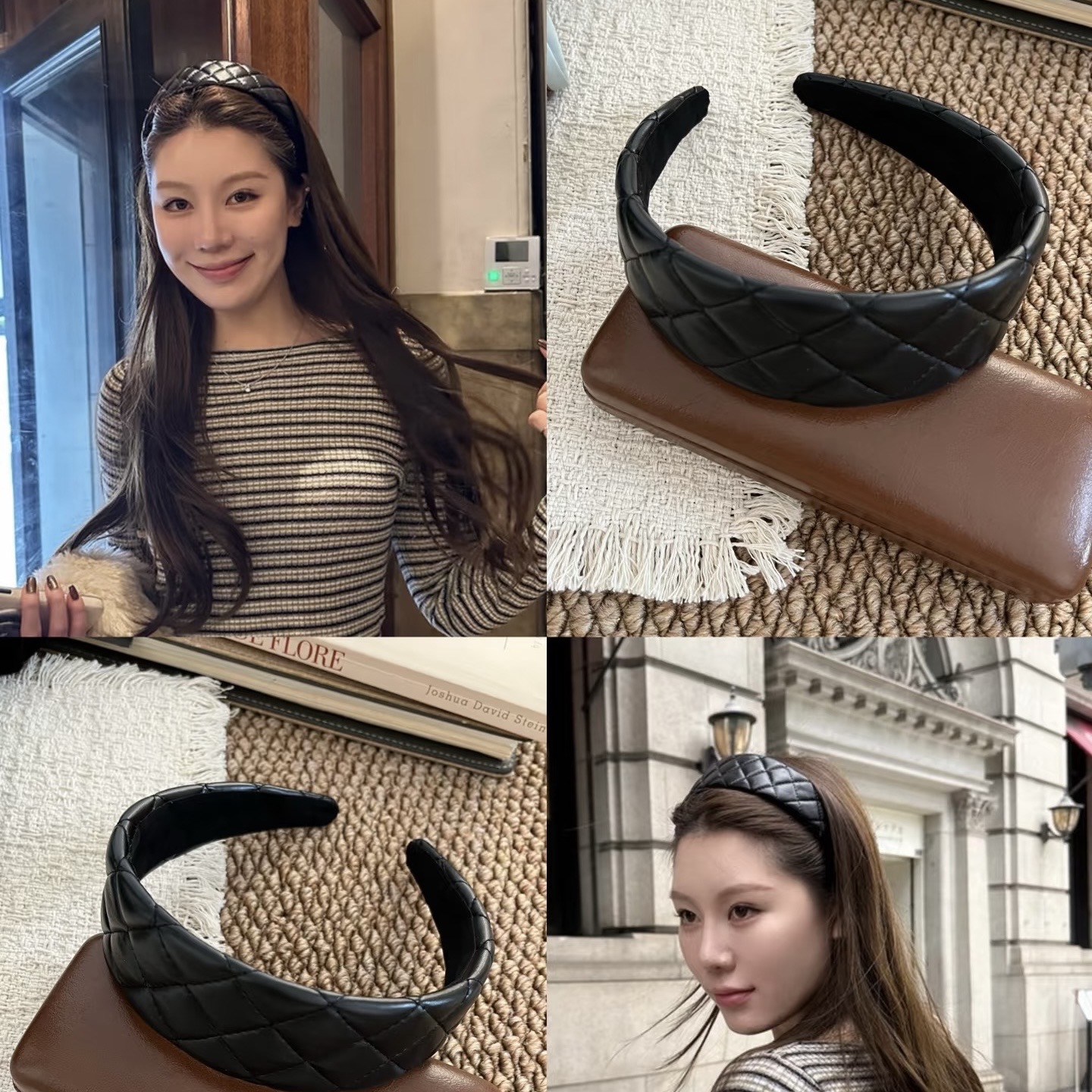 Grande, pequeña 【CH@NEL diadema de piel con patrón de rombos】