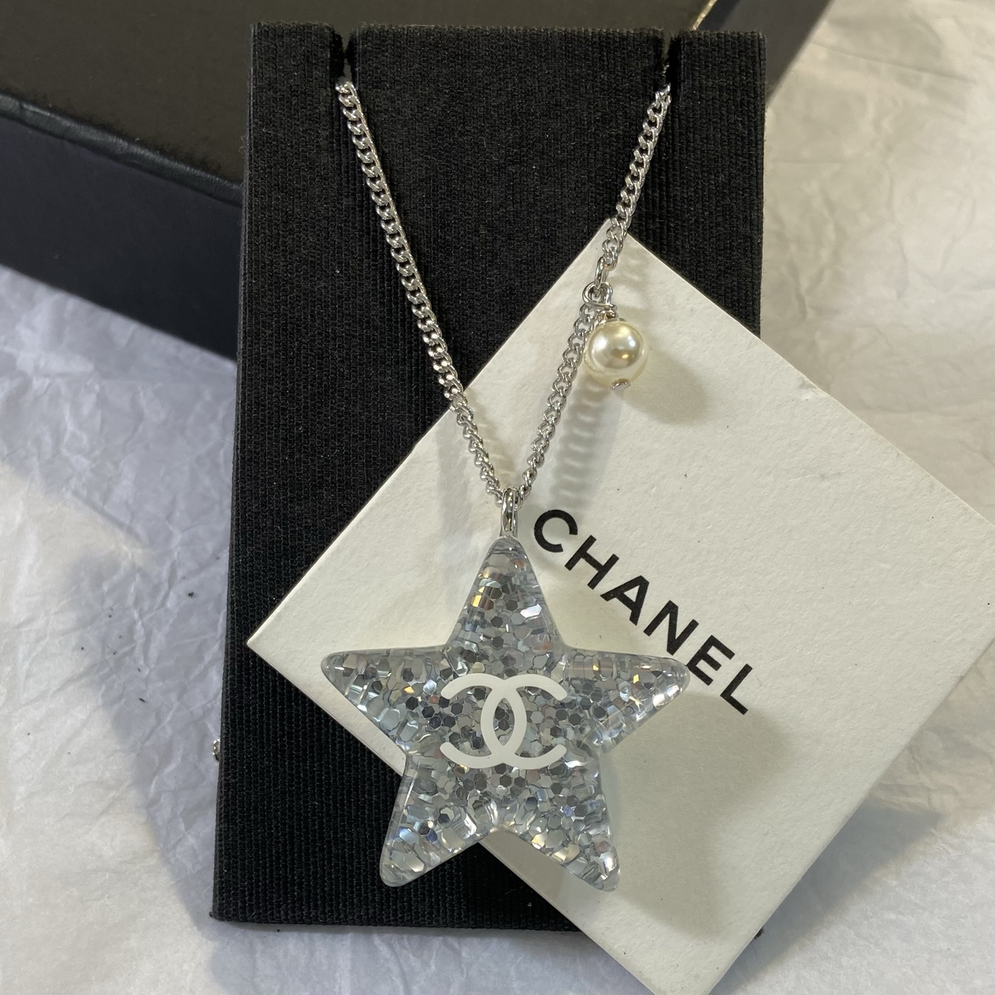 Chanel CC Star Pendant Necklace necklace Silver-tone metal clear resin with silver glitter white enamel CC logo white faux pearl 60cm