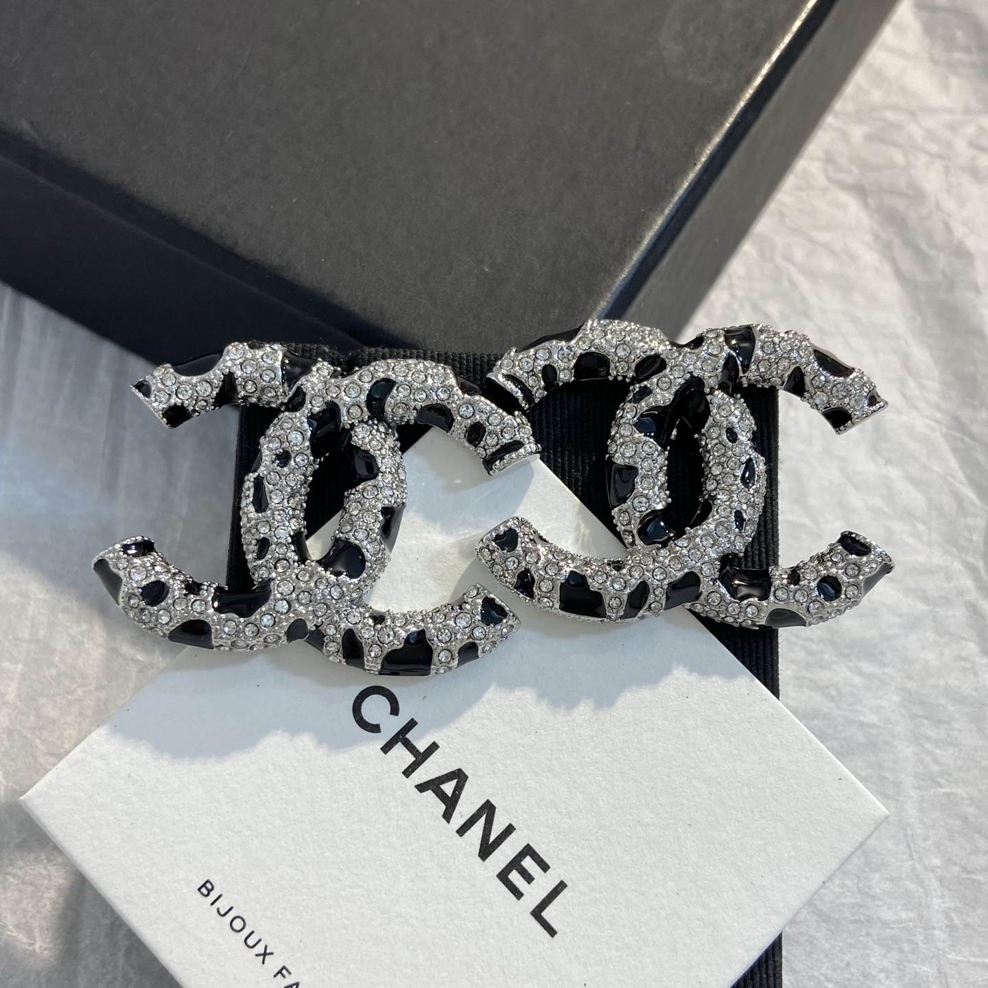 Chanel 26A CC Logo Leopard Print Stud Earrings earrings Silver-toned metal with clear crystal pave and black enamel leopard spot detailing Approximately 2 5cm per earring