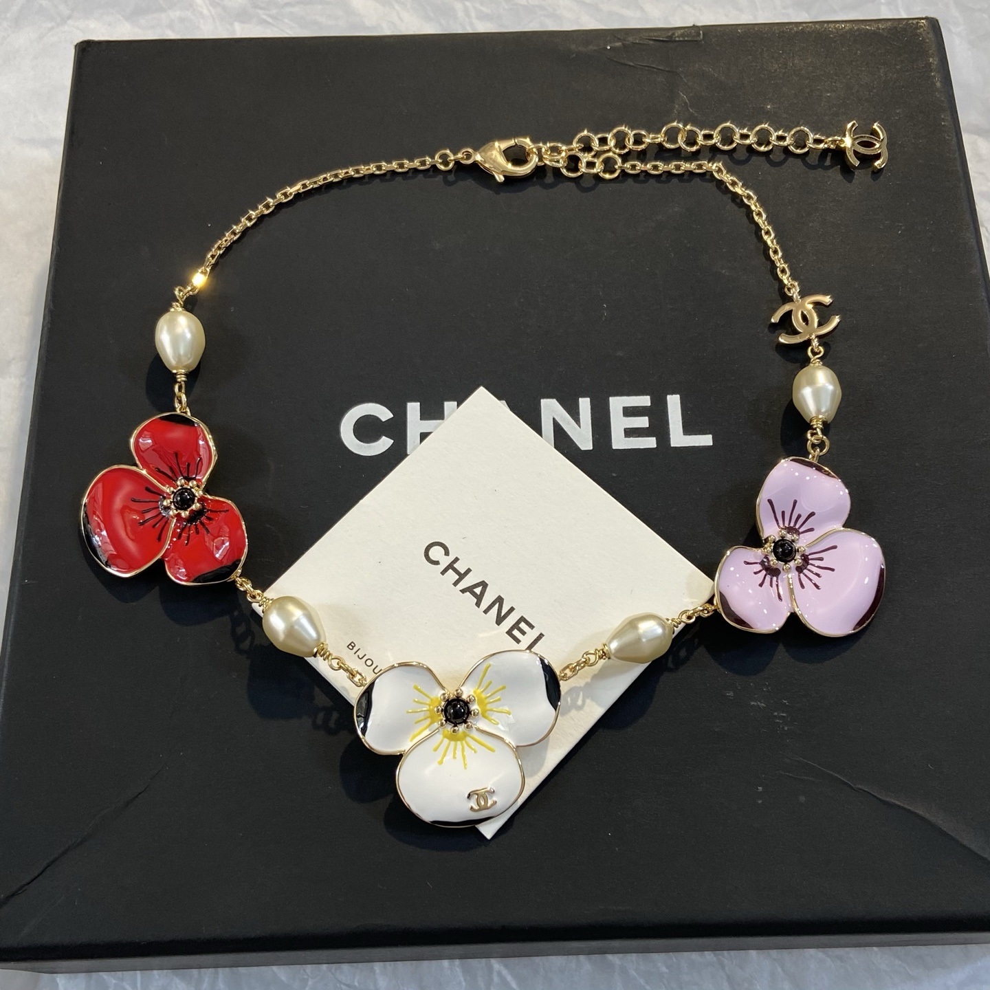 CHANEL Pansy Enamel Pearl Tassel Necklace