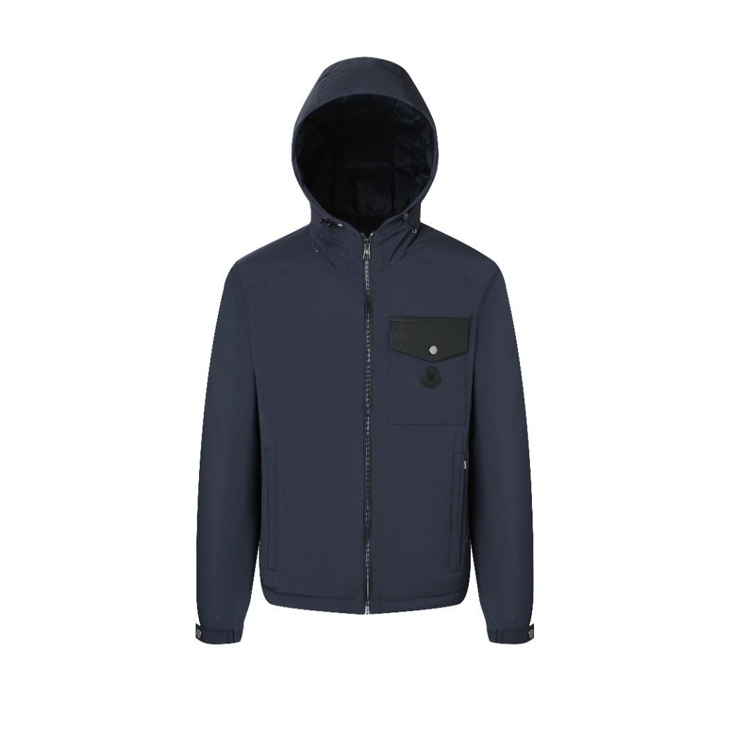 MONCLER Hooded Down Jacket - Polyester, Windproof, and Durable - Navy Blue