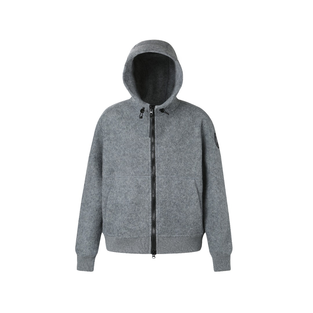 Canada Goose Fleece Badge Hooded Jacket - Wool Blend, Ribbed Cuffs, Gray