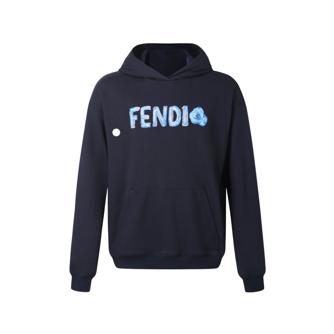 。FENDI饰刺绣连帽卫衣面料选择：选用100%棉为基底编织而成的单面鱼鳞布面料，正面为平滑的针织面，触
