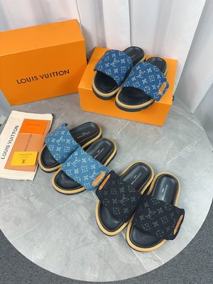 Buy the Best High Quality Replica Louis Vuitton AAAAA+ Shoes Slippers Black Blue Sky Yellow Fabric Rubber Sheepskin