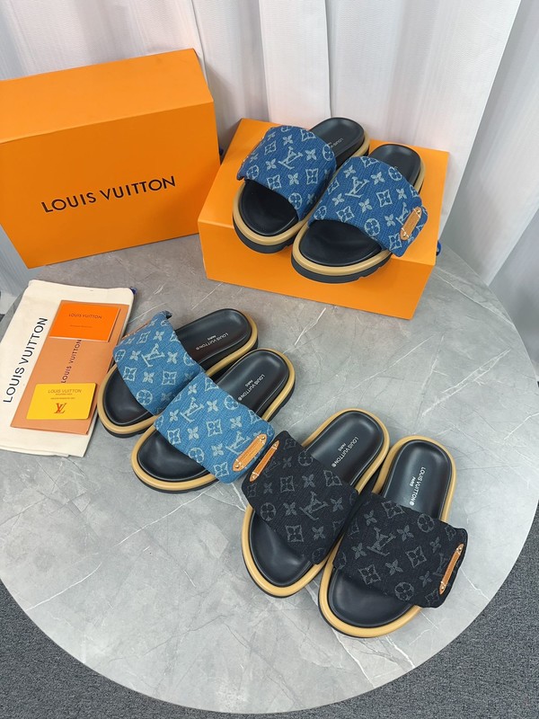 Louis Vuitton Store Shoes Slippers Black Blue Sky Yellow Fabric Rubber Sheepskin