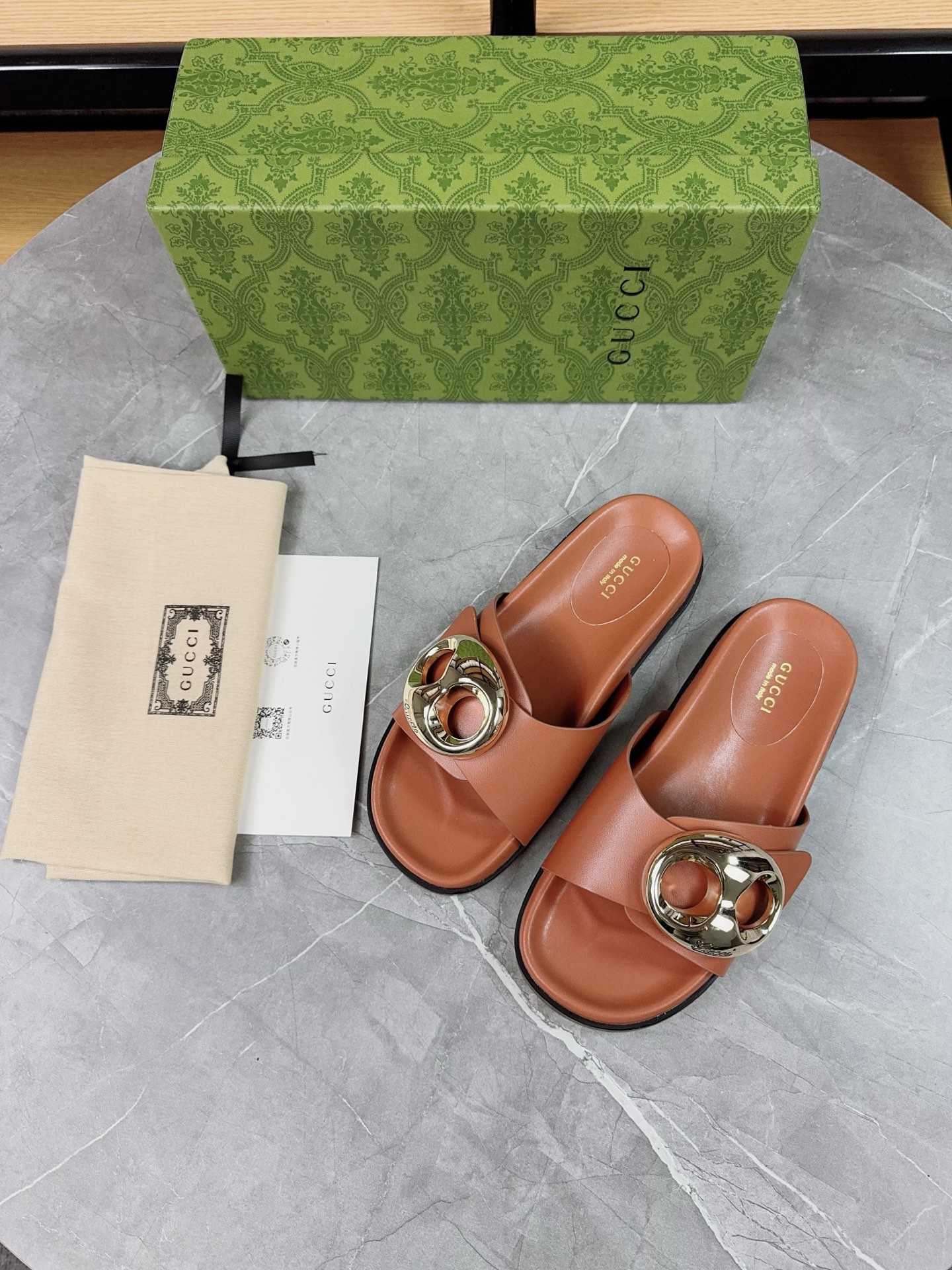Gucci 2025 New Metal Buckle Leather Women's Sandals Slides, Size 35-40