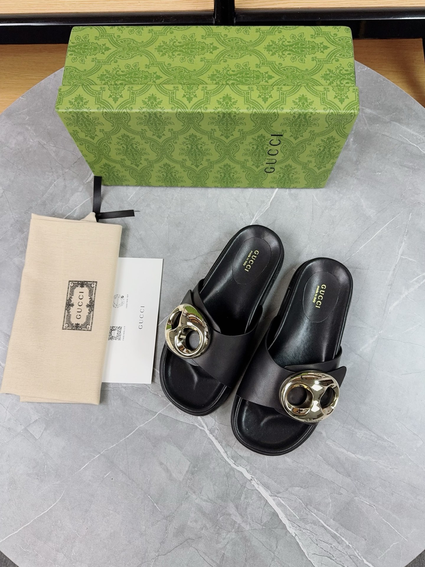 Gucci Women's Black Leather Sandals with Gold Metal Buckle Detail 4 i1739943396778 3065 0 2