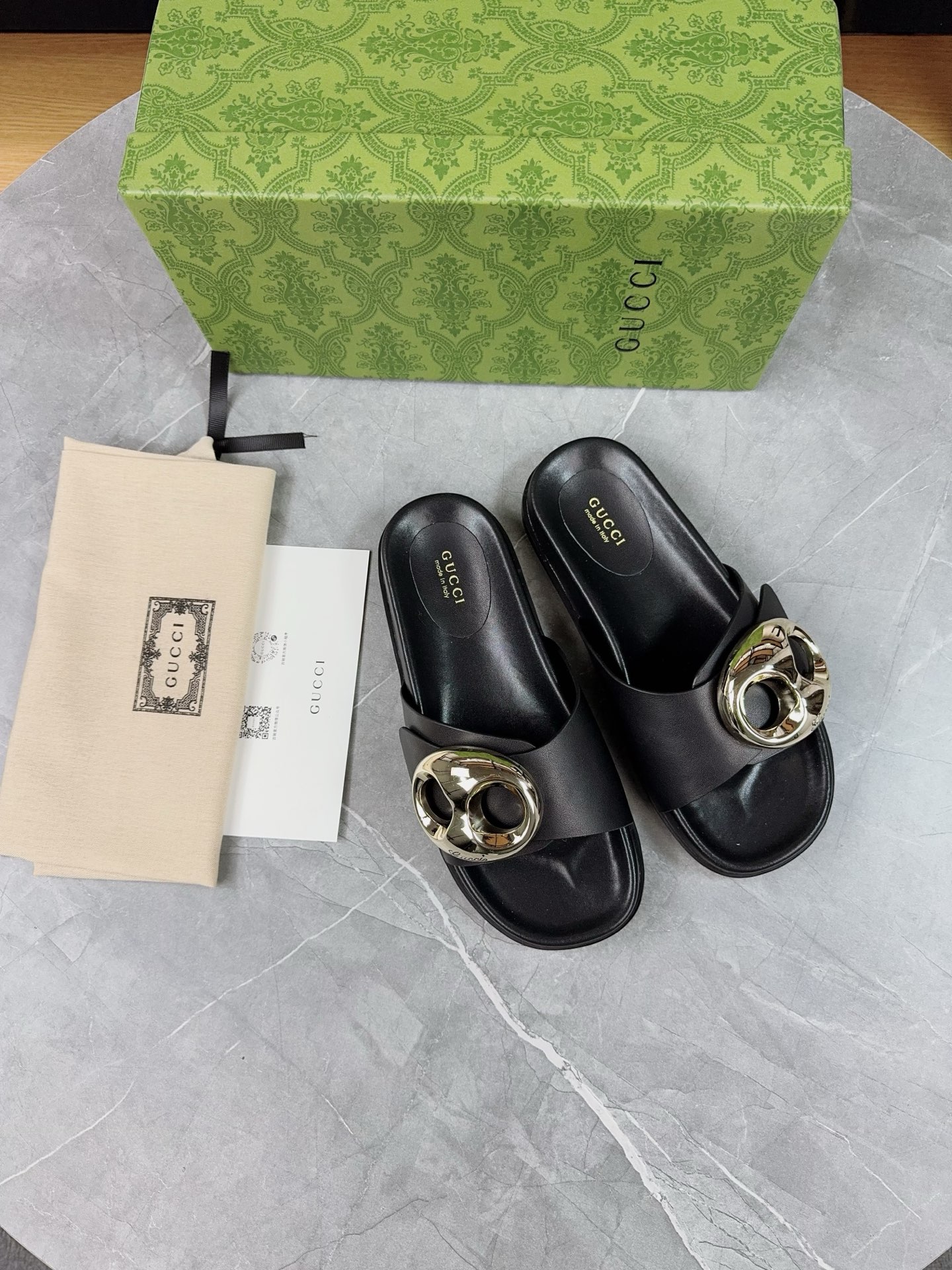 Gucci Women's Black Leather Sandals with Gold Metal Buckle Detail 2 i1739943396806 4647 0 4