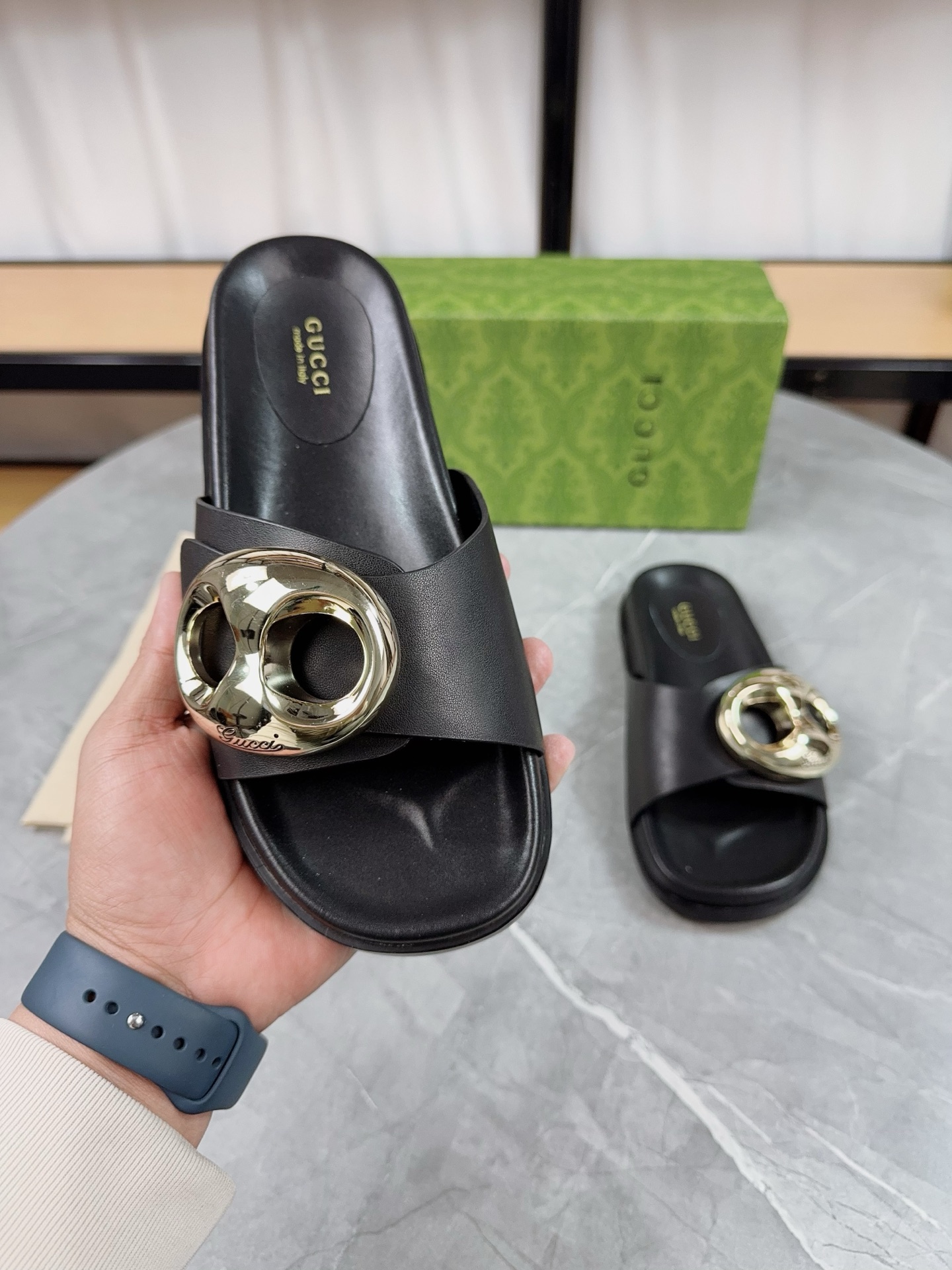 Gucci Women's Black Leather Sandals with Gold Metal Buckle Detail 8 i1739943396812 2190 0 7