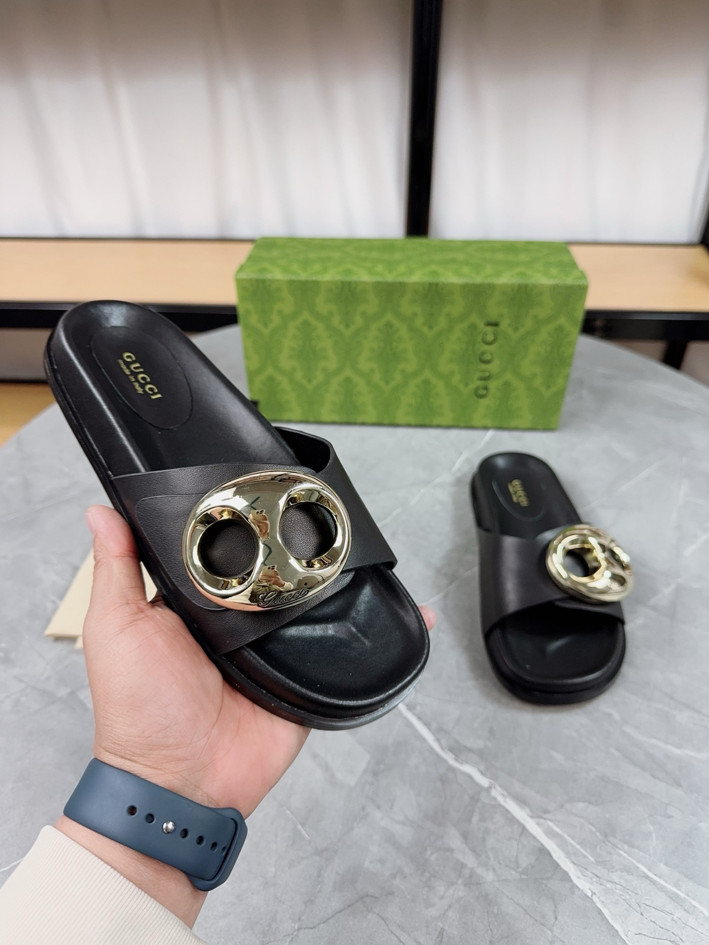 Gucci Women's Black Leather Sandals with Gold Metal Buckle Detail 7 i1739943396820 7343 0 6