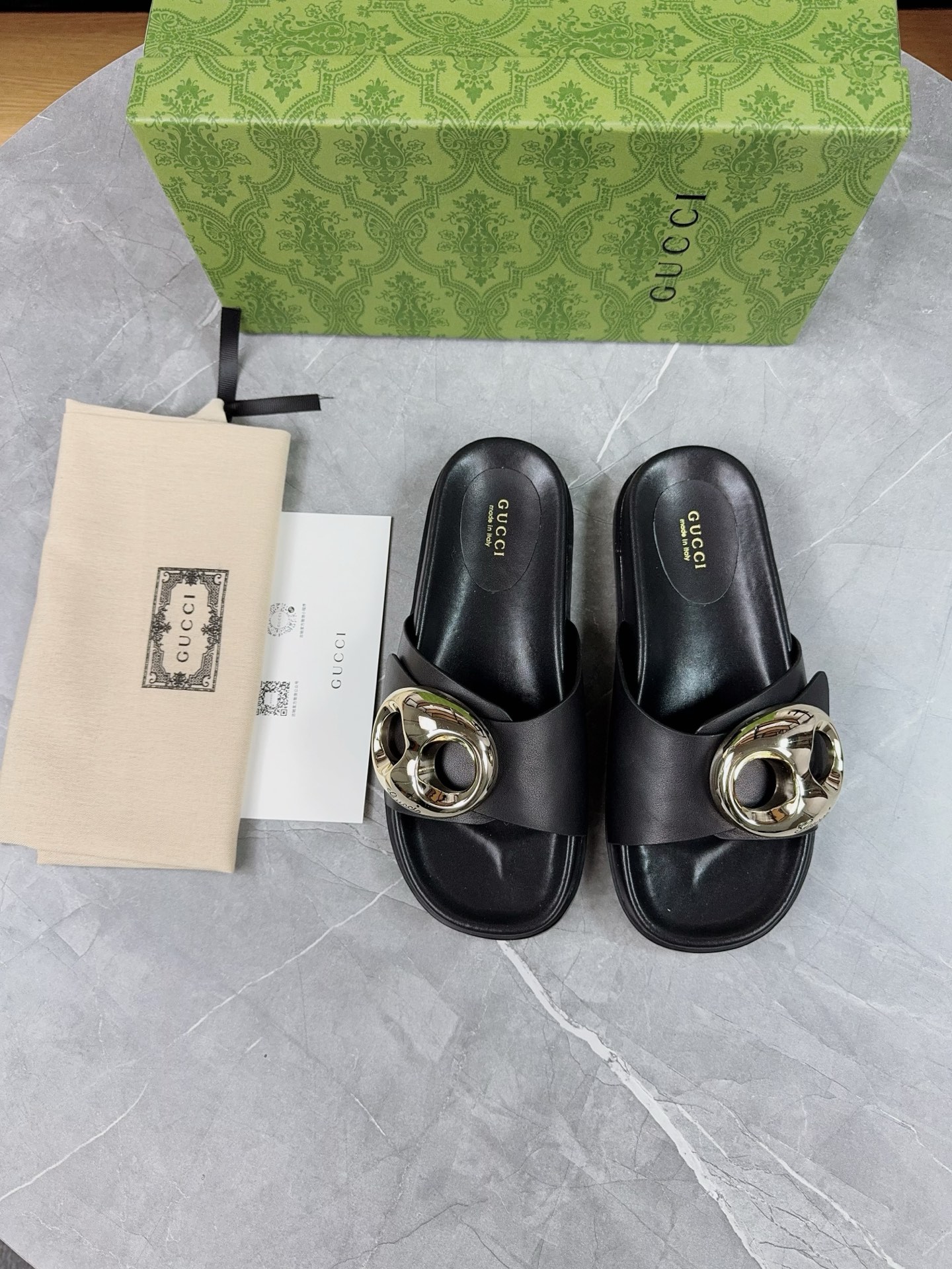 Gucci Women's Black Leather Sandals with Gold Metal Buckle Detail 3 i1739943397615 2854 0 1