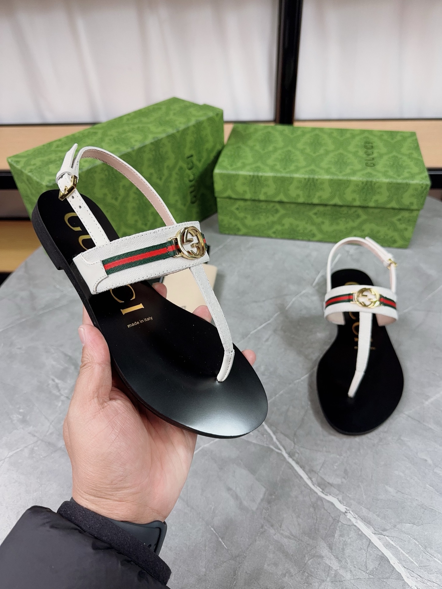 Gucci Women's Leather Thong Sandals with Web and Interlocking G Hardware