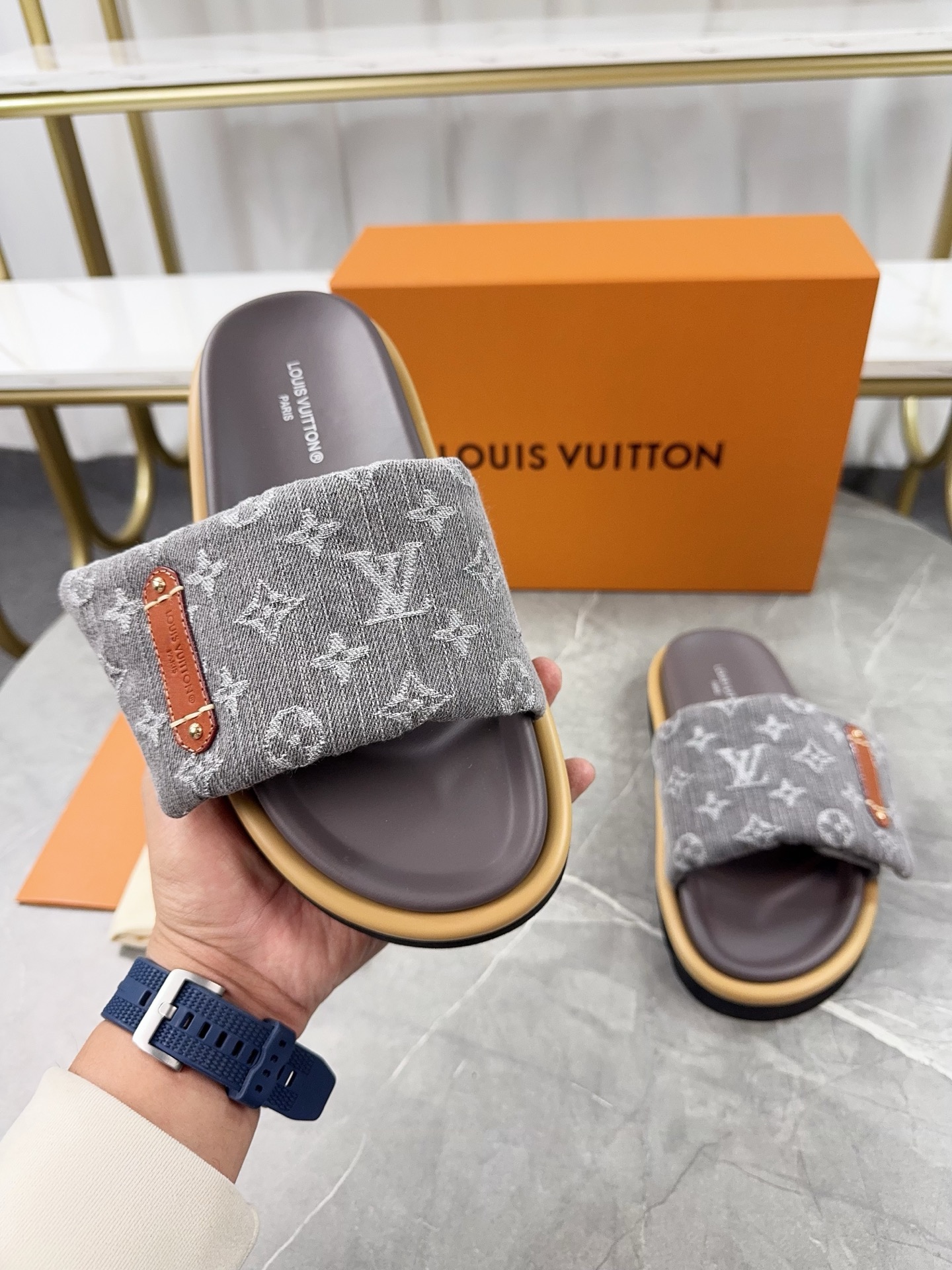 Louis Vuitton Pool Pillow Comfort Flat Sandal with Monogram Fabric, Grey 1 Louis Vuitton Pool Pillow Comfort Flat Sandal with Monogram Fabric, Grey