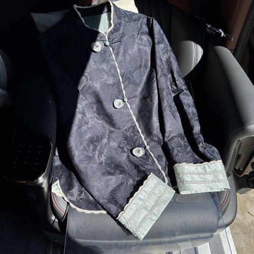 Silk Linen Jacquard Jacket with Handmade Velvet Floral Details - Stylish & Unique 1 Silk Linen Jacquard Jacket with Handmade Velvet Floral Details - Stylish & Unique