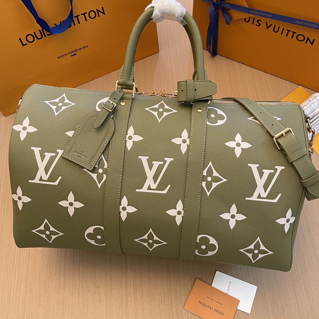 Top Grade Louis Vuitton LV Keepall Travel Bags Black Green Empreinte​ M46670