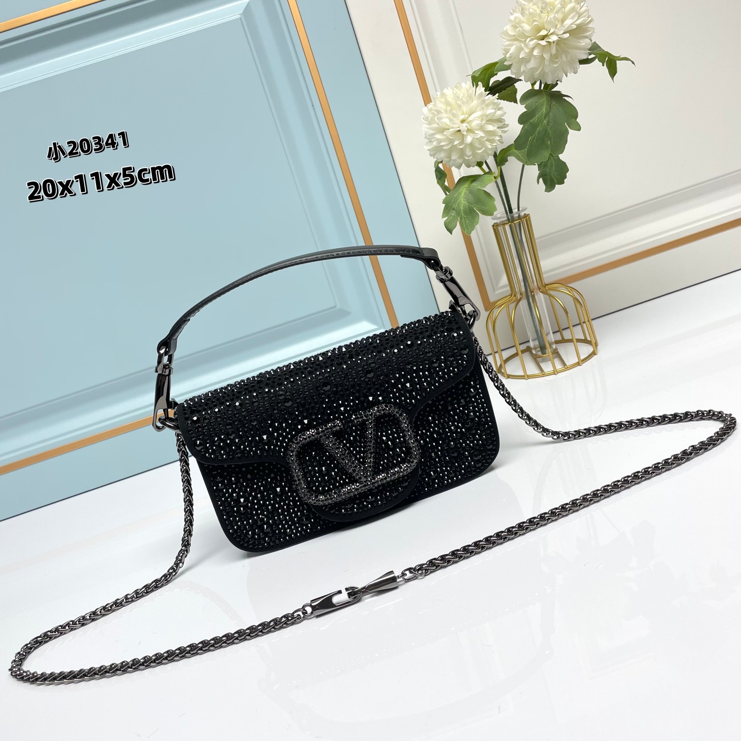 新品 【配盒】MINI LOCÒ仿水晶装饰手袋-VLogo Signature施华洛世奇®仿水晶装饰-配