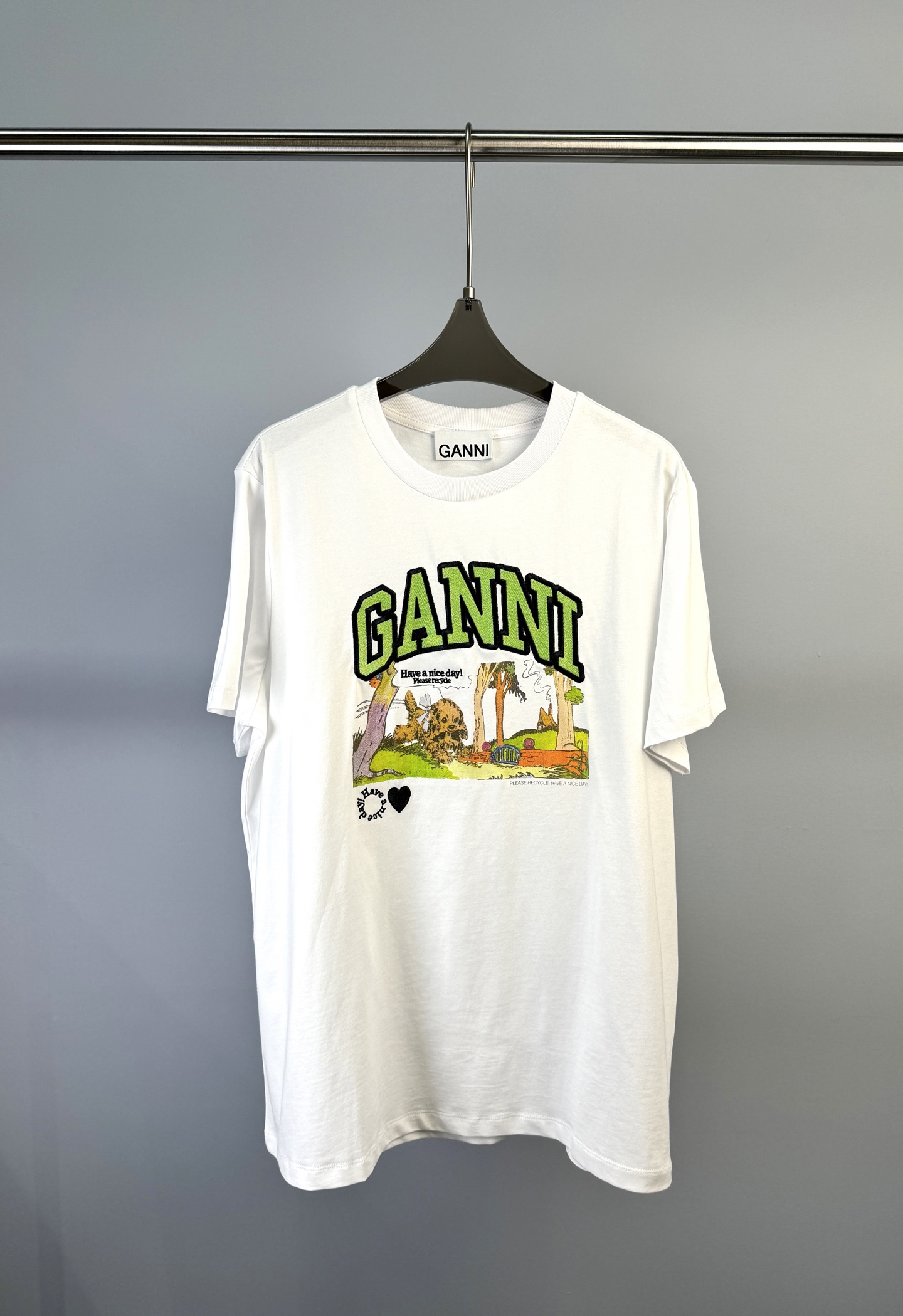 NO:311242,GANNI Spring and Summer New Style Brand Embroidered Letters   Printed Pattern Short-sleeved T-shirt, very refreshing and loose top style S M L, T-shirt,tees, t-shirt,alexander wang19860909GANNI 春夏新款 品牌刺绣字母 印花图案短袖T恤、上身非常清爽、宽松版型 码数S M L,,T-shirt,tees，t-shirt,alexander wang,Women's clothing