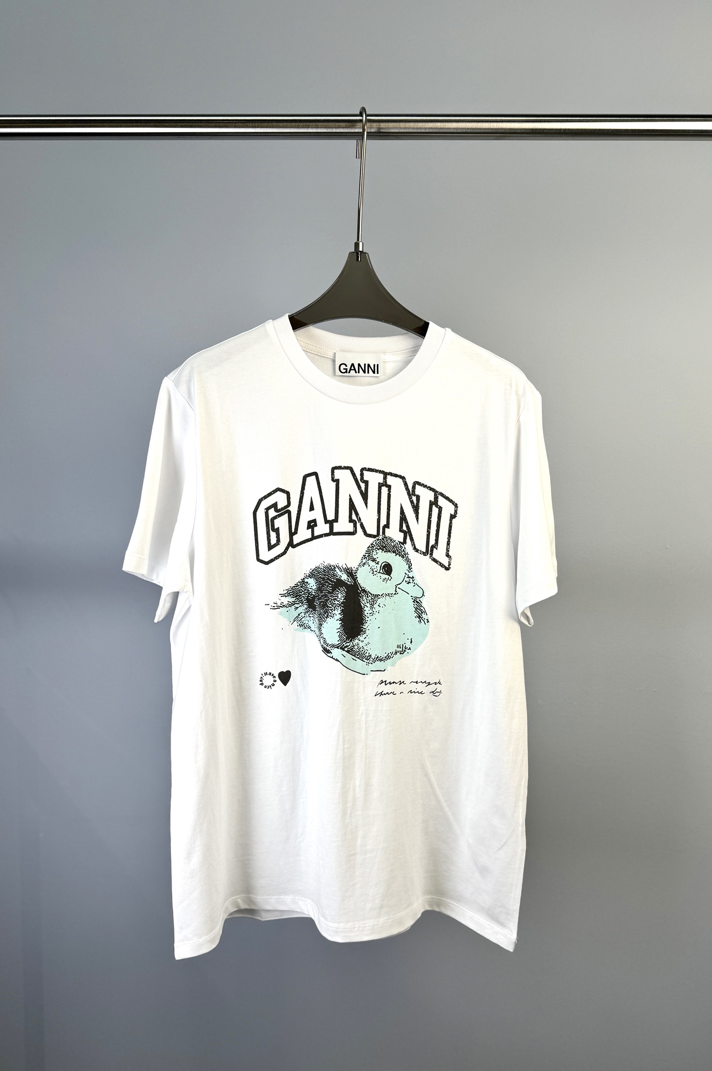 NO:311770,GANNI Spring and Summer New Brand Letter   Little Duck Printed Pattern Short-sleeved T-shirt, Refreshing and Age-reducing, Loose Style S M L, T-shirt, Tees, T-shirt, alexander wang19860909GANNI 春夏新款 品牌字母 小鸭子印花图案短袖T恤、清爽可爱减龄、宽松版型 码数S M L,,T-shirt,tees，t-shirt,alexander wang,Women's clothing