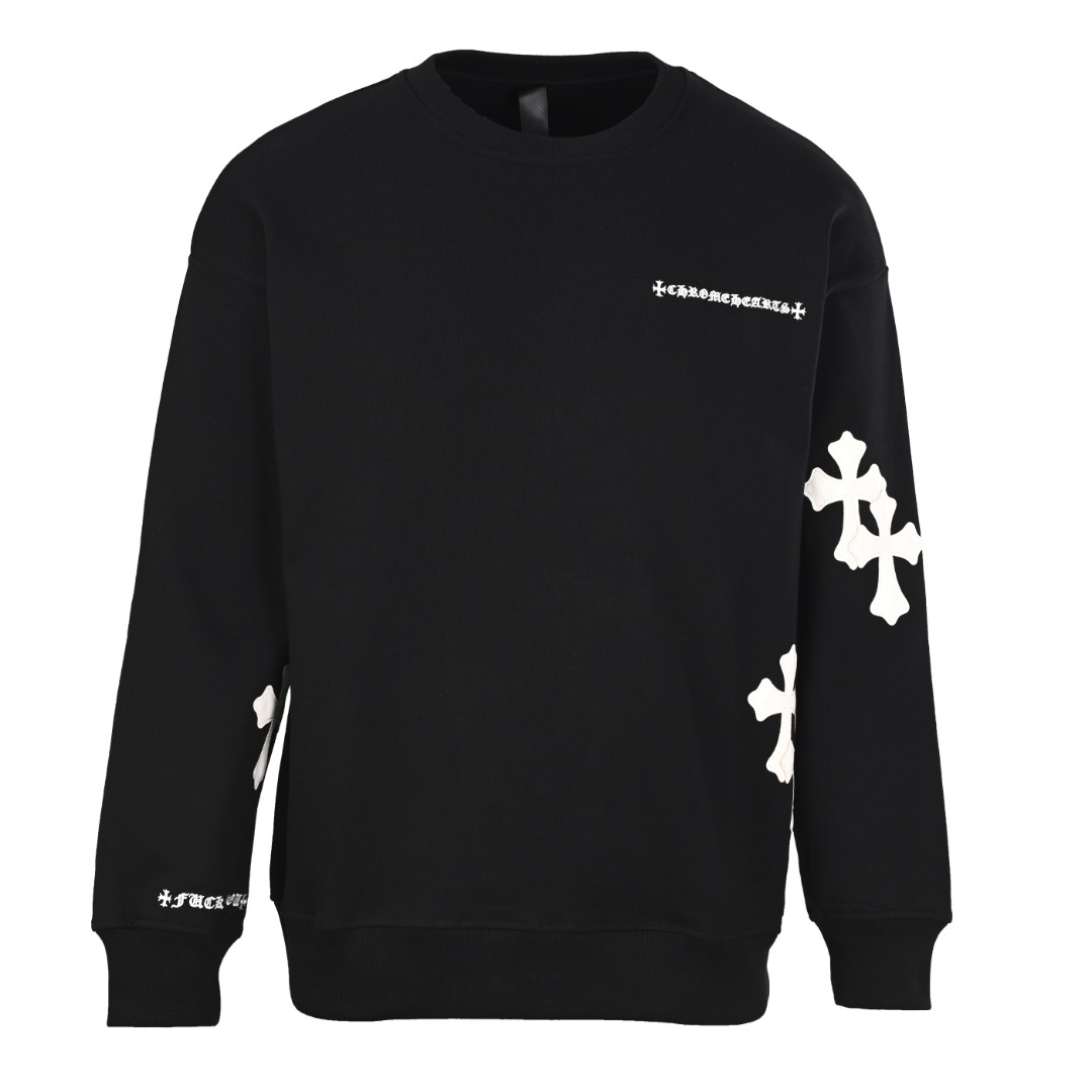 正品级 CHROME HEARTS/克罗心CH 皮标十字架贴饰刺绣圆领卫衣 CH24秋冬新款贴皮十字架花簇卫衣,克罗心带有中世纪的宗教精神, 那么十字架图案便必不可缺,立体皮标缝制的十字架图案遍布满身各个位置, 整体衣服搭配了同色皮标,显得简约大气,提成了档次感, 可以满足潮流达人追求低调奢华的炫酷风格.430克全棉毛圈,无性别限定,正品级! 颜色:黑色,白色