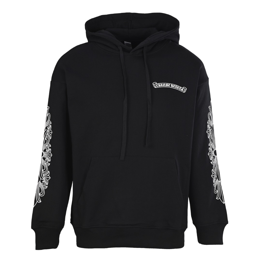 正品级 CHROME HEARTS/克罗心CH 紫色宝剑梵文手袖十字架印花连帽卫衣 背后超大紫色宝剑梵文对主流的蔑视和对权威的反抗 和克罗心的理念不谋而合 采用白色的大身 干净整洁 让两大品牌的每一处细节呈现的淋漓尽致 连帽上的抽绳口 有着纹路的金属孔 胸口卷轴字母logo中融入了经典克罗心字母元素 双手袖上排列着克罗心最独特经典的十字架标志, 后背梵文搭配上紫色的宝剑匕首🗡️衣服下摆上也有卷轴字母 两大文化符号的结合 代表着极高人气和不菲的溢价 也象征着高街潮流的巅峰之作 430克全棉水洗毛圈 正品级 颜色:白色、黑色