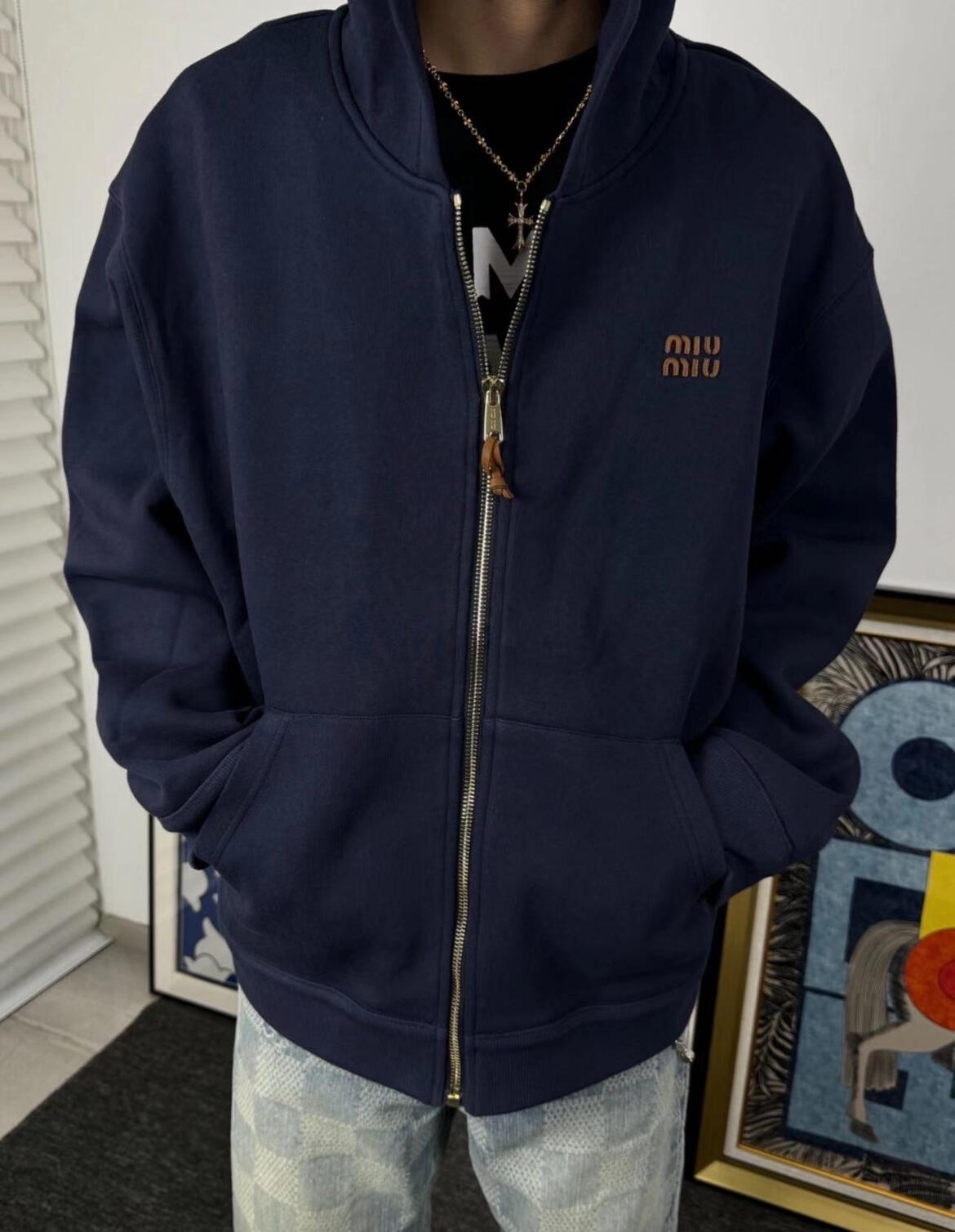 MIUMIU缪缪MM 贴绣平纹针织连帽夹克外套  上身效果#