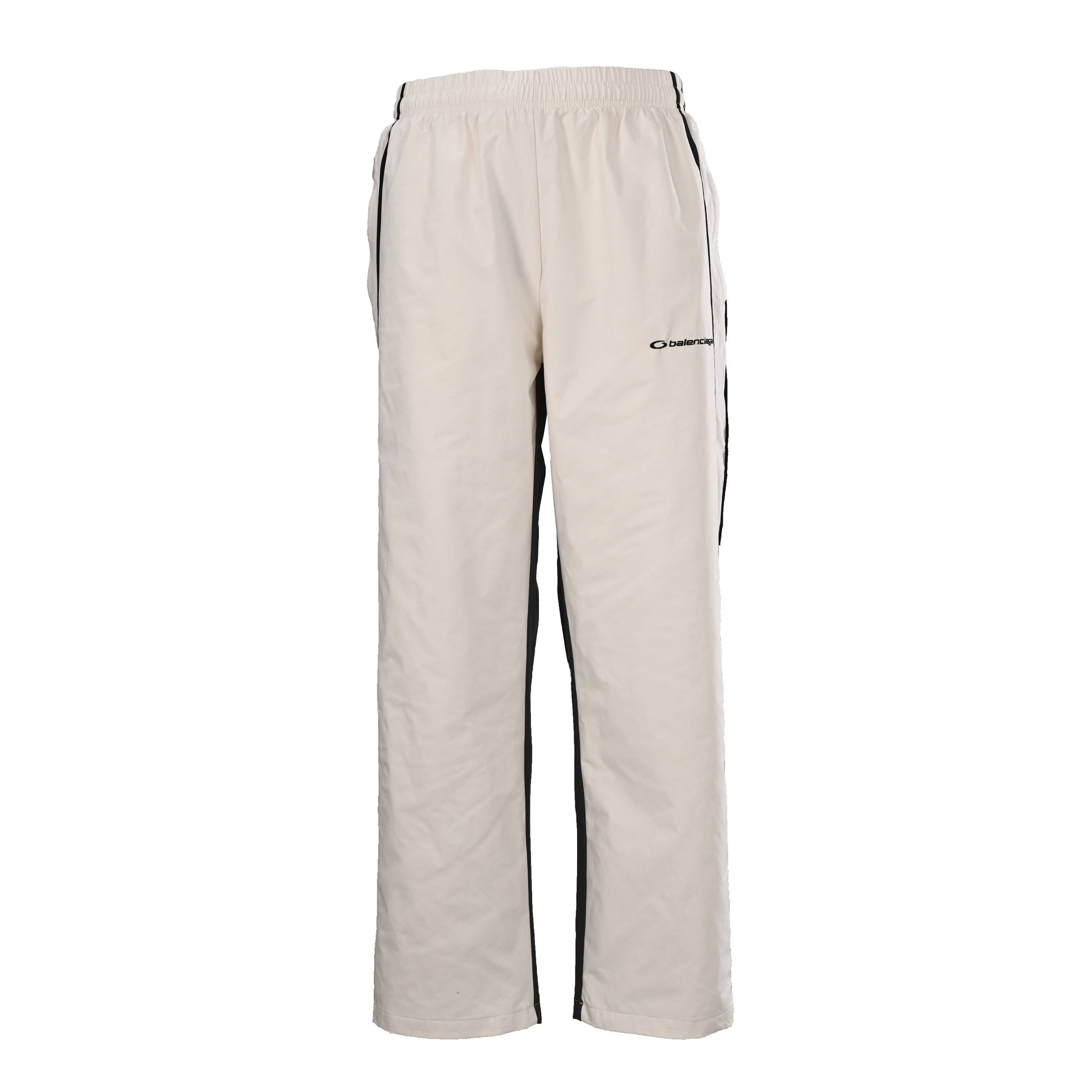 正品级💰430
BALENCIAGA巴黎世家BLCG 白灰双拼破坏运动套装长裤
本产品选择高品质的PET切片聚酯纤维作为纺丝原料，确保其具有稳定的化学和物理性能。采用高速纺丝工艺，将PET切片通过熔融、过滤、喷丝板挤出等步骤制成POY（预取向丝）或FDY（全拉伸丝）。这些长丝产品具有高断裂强度、高弹性模量、优异的热定型性、良好的回弹性能以及耐热、耐光、耐腐蚀和易洗快干等特点。采用经典的水洗做旧工艺，经过精心打磨，呈现出独特的磨白效果，展现出历经时光沉淀的复古韵味。这种工艺通过特定的洗水方式处理，使成衣达到某种视觉和触觉效果，赋予衣物一种陈旧、磨损的感觉。男女同款 
Size：44  46  48  50