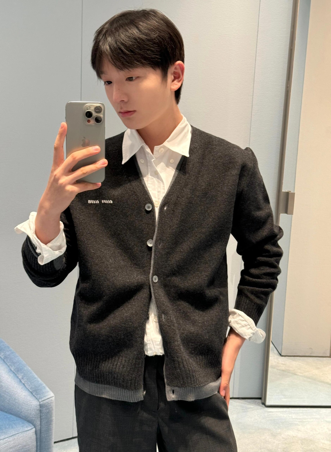 MIU MIU缪缪MM 下摆拼接针织毛衣开衫  上身效果#