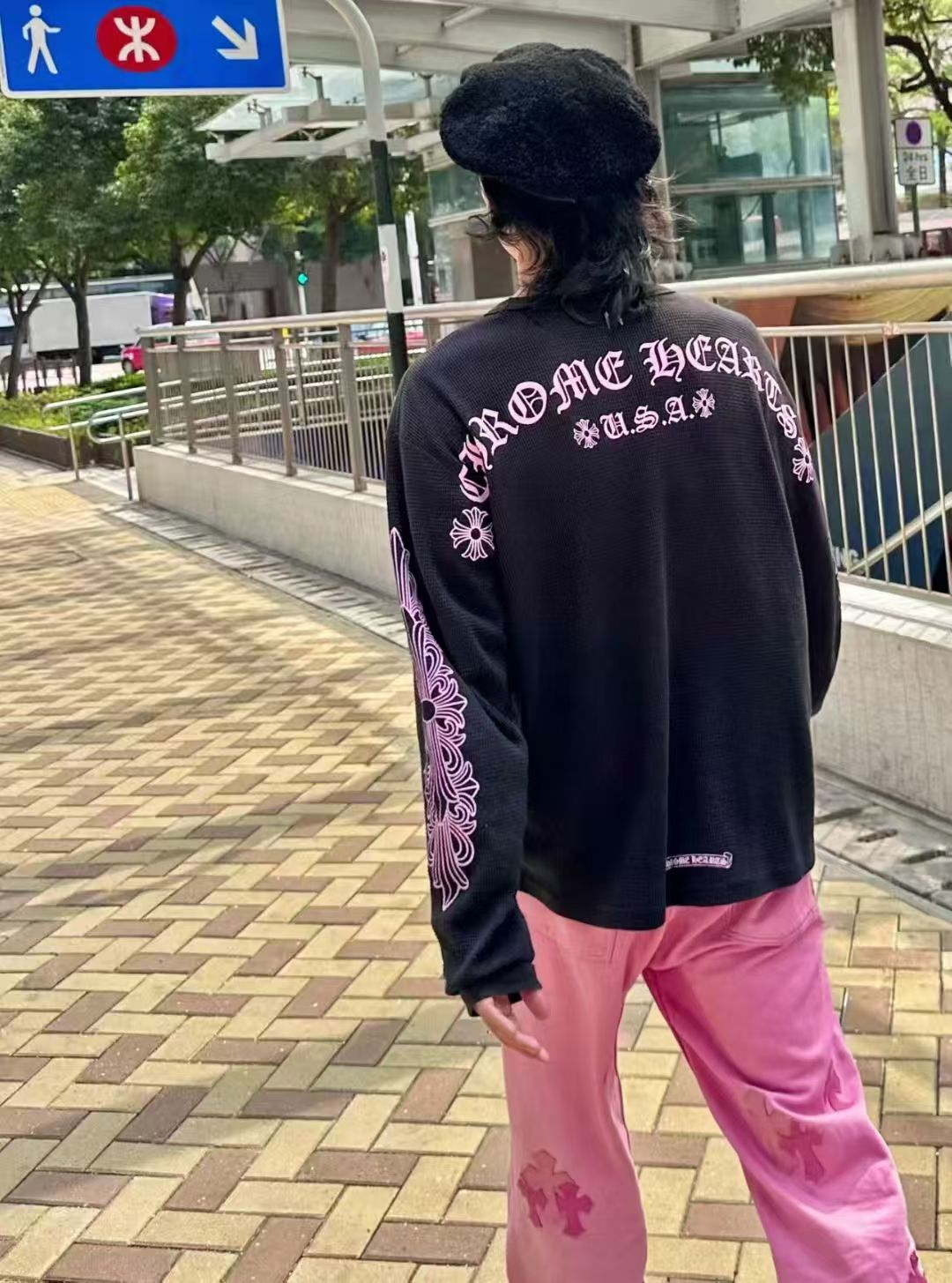 CHROME HEARTS克罗心CH 后背粉印梵文华夫格长袖T恤  上身效果#