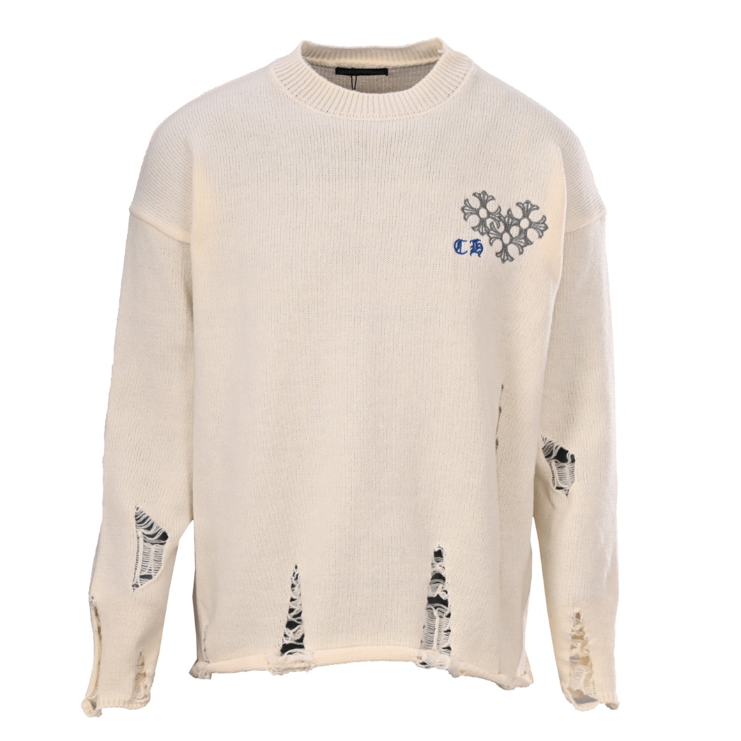 正品级💰390
CHROME HEARTS/克罗心CH 刺绣圆盘梵文十字架破洞针织毛衣

好看到掐人中的款式男女同款搭配黑白色太出片 

实物好看 上身好看 日常穿好看 拍照更出片 
很难不买 给我买它!!! 

相信我 谁也拒绝不了这样一个机长款的克罗心外套 
在老版本的基础上扩大了版型 上身宽松有型 下摆外扩休闲款设计 胖人显瘦到极致 瘦人限高有档次 

万元ZP打版 1:1完美还原 单穿叠穿都好看 男女都可以轻松驾驭 

如果你更在意品质 也要尊重价格 和市面上那种薄的透底一穿起球的垃圾货完全不是一码事 如果说款式让你一眼发亮 那品质才是你更应该关注的点 相比价格我们抓的是品质 我家货拿过的客户懂得都懂

️️️市面上毛衣普遍是苞芯纱材质 我们用的是莫代尔 相比包芯纱的优点很直观： 成本高 价格高 密度高 比较费开发者的钱 让我们少赚了很多 另外就是细腻 上身不渣 抗起球 高档 我们是良心做货人 不用包芯纱 包芯纱除了便宜以外 其他的真的一无是处 缩水起球勾线扎人 他样样精通 

2024年了 谁穿衣服不希望出门有面儿 板板正正？质量决定上身效果 质量差再好的款式也是城乡结合部气质 我们只做长久生意 质量决定人品 拿回去放心穿放心洗 版型品质绝对让你眼前一亮 只做对版高品质 做高货硬货 拒绝垃圾货 拒绝快餐货 良心品质 良心价格 你值得拥有 ！

颜色：黑色 米色 灰色
#所有针织、毛衣织造而成的成衣都不建议机洗、或高温烘干！
Size: S M L