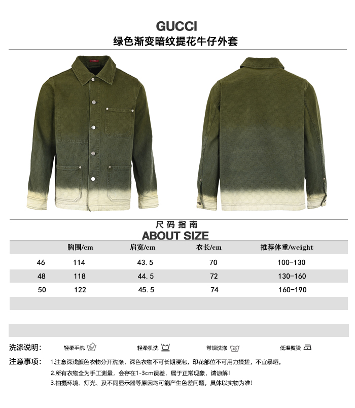 GUCCI古驰GUC Chaqueta de mezclilla con estampado jacquard y degradado verde - Tabla de tallas