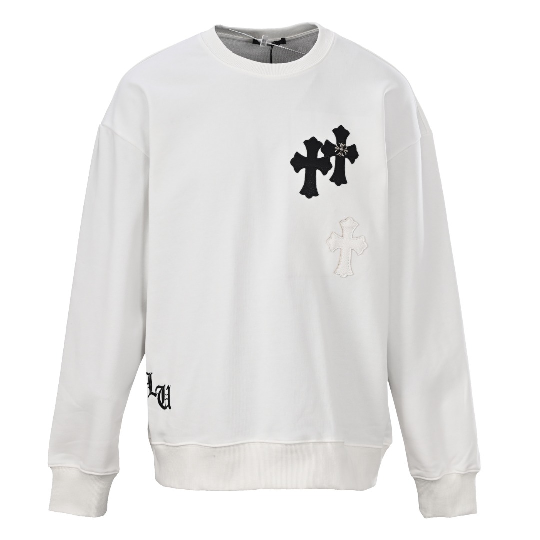 正品级💰350
CHROME HEARTS克罗心CH 皮标十字架圆领卫衣
· 采用480克纯棉双纱鱼鳞毛圈面料  
· 面部无尘烧毛工艺 底部吸毛 环保活性染 
· 进口田岛机器刺绣贴布皮革十字架
· 进口田岛机器刺绣logo字母
· 手缝五金克罗心
· 双针车线跨缝工艺
· 原版主唛水洗吊牌防潮纸包装
   颜色：白色/黑色
Size: S-XL