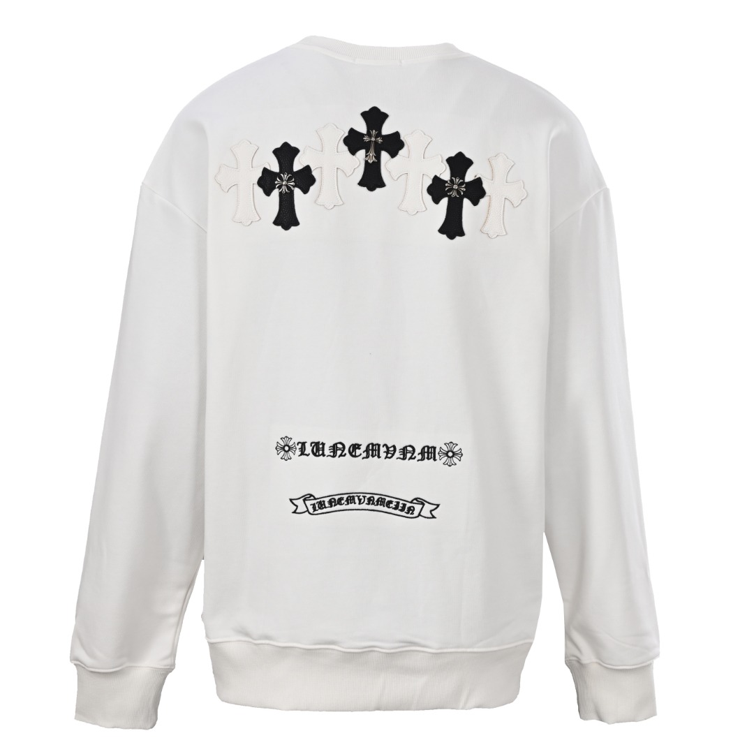 正品级💰350
CHROME HEARTS克罗心CH 皮标十字架圆领卫衣
· 采用480克纯棉双纱鱼鳞毛圈面料  
· 面部无尘烧毛工艺 底部吸毛 环保活性染 
· 进口田岛机器刺绣贴布皮革十字架
· 进口田岛机器刺绣logo字母
· 手缝五金克罗心
· 双针车线跨缝工艺
· 原版主唛水洗吊牌防潮纸包装
   颜色：白色/黑色
Size: S-XL