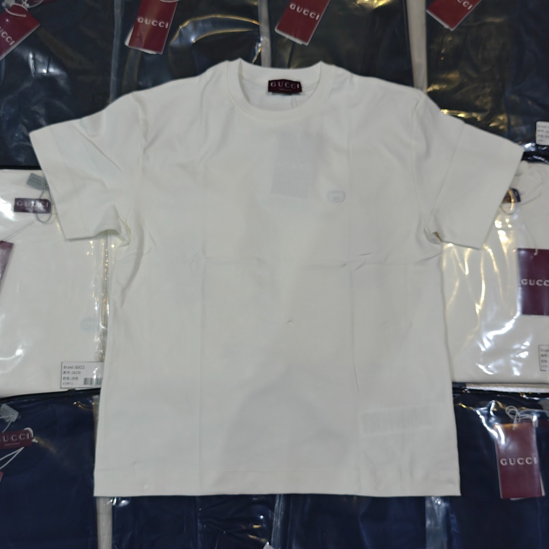 Camiseta de manga corta GUCCI GUC con bordado de doble G entrelazado en tres colores, foto real de gran lote